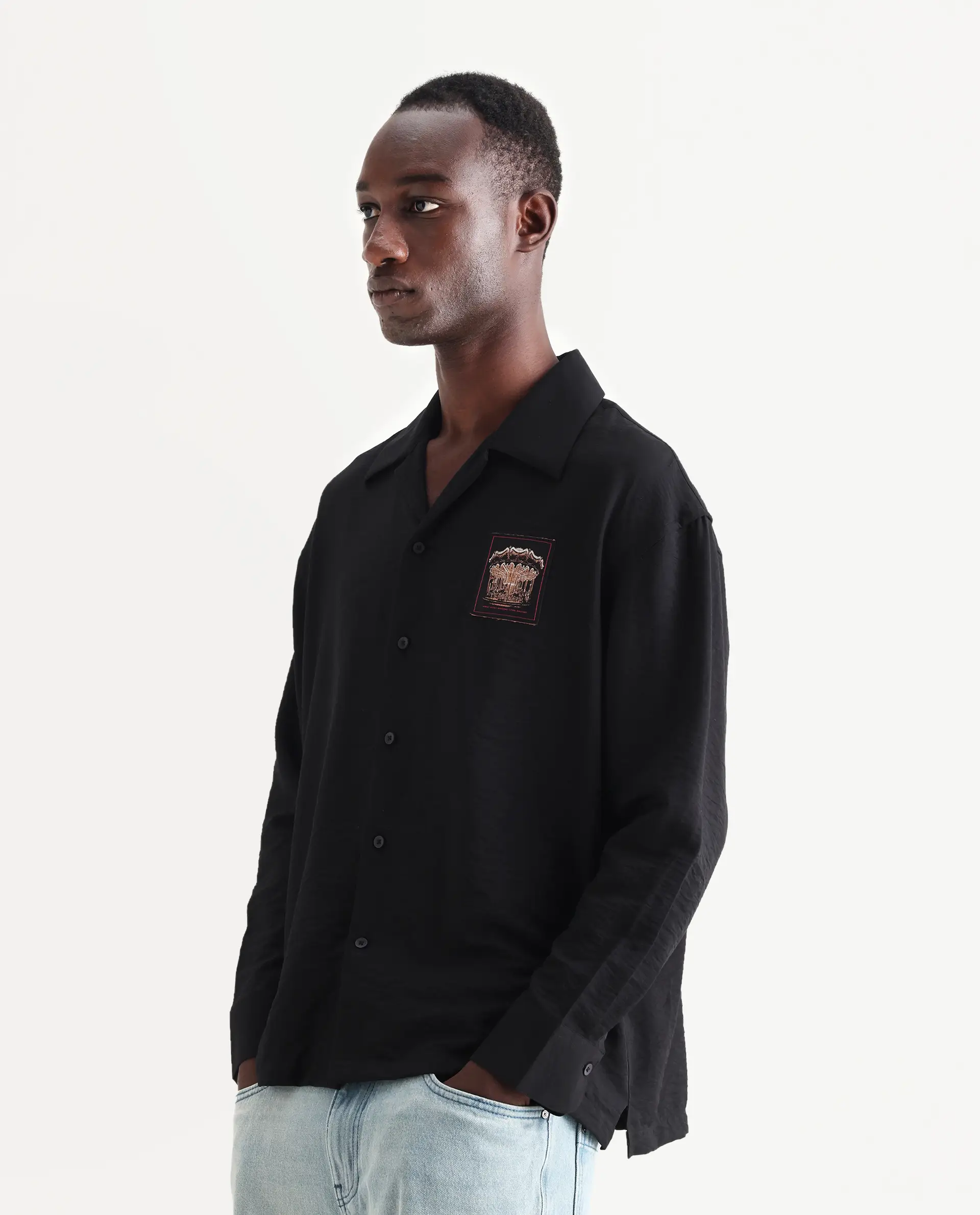 Rare Rabbit Men's Carost Black Cotton Applique Print Boxy Fit Full Sleeve Cuban Collar Shirt - Image 6