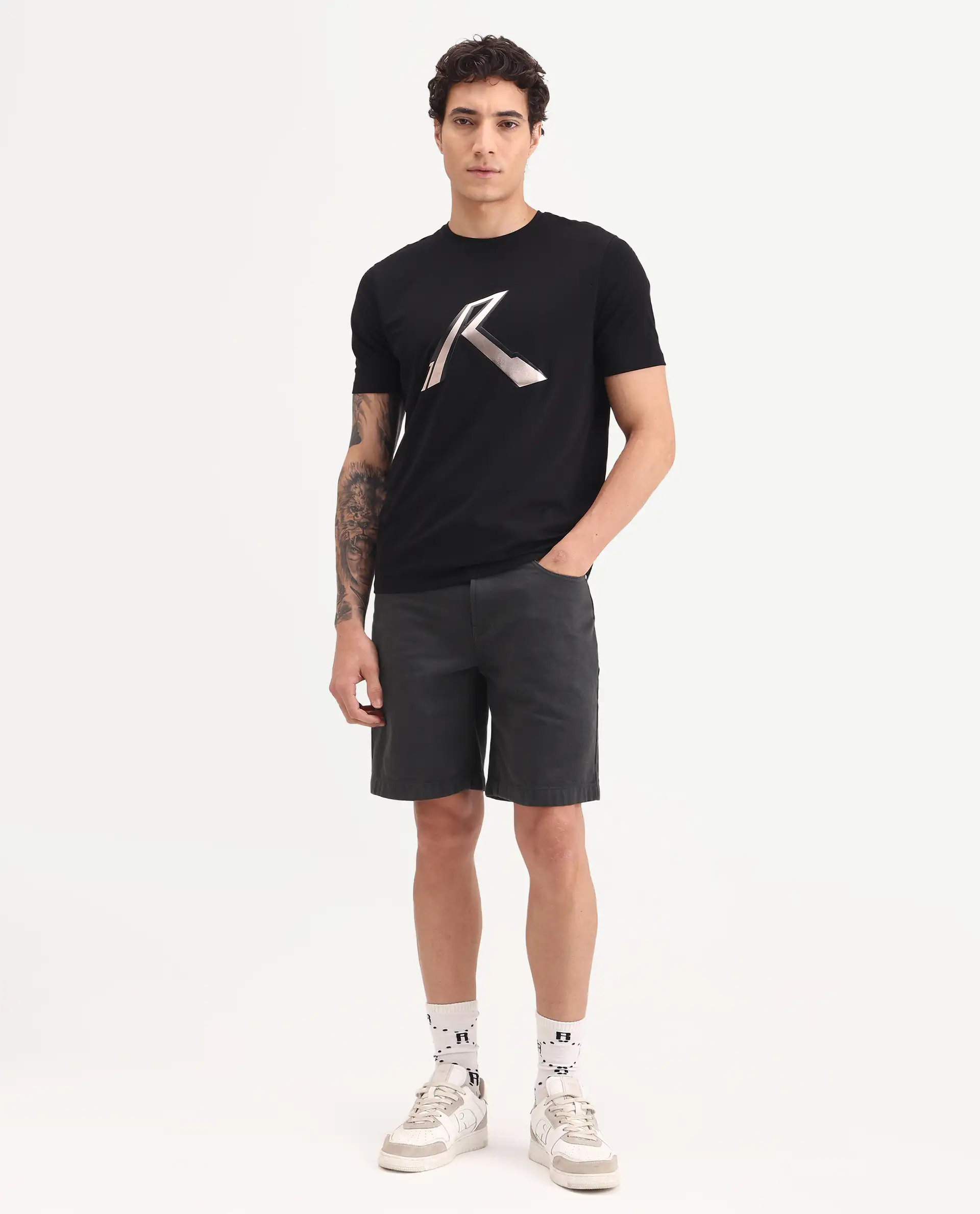 Rare Rabbit Men's Carp Dark Grey Cotton Fabric Regular Fit Plain Shorts - Image 4