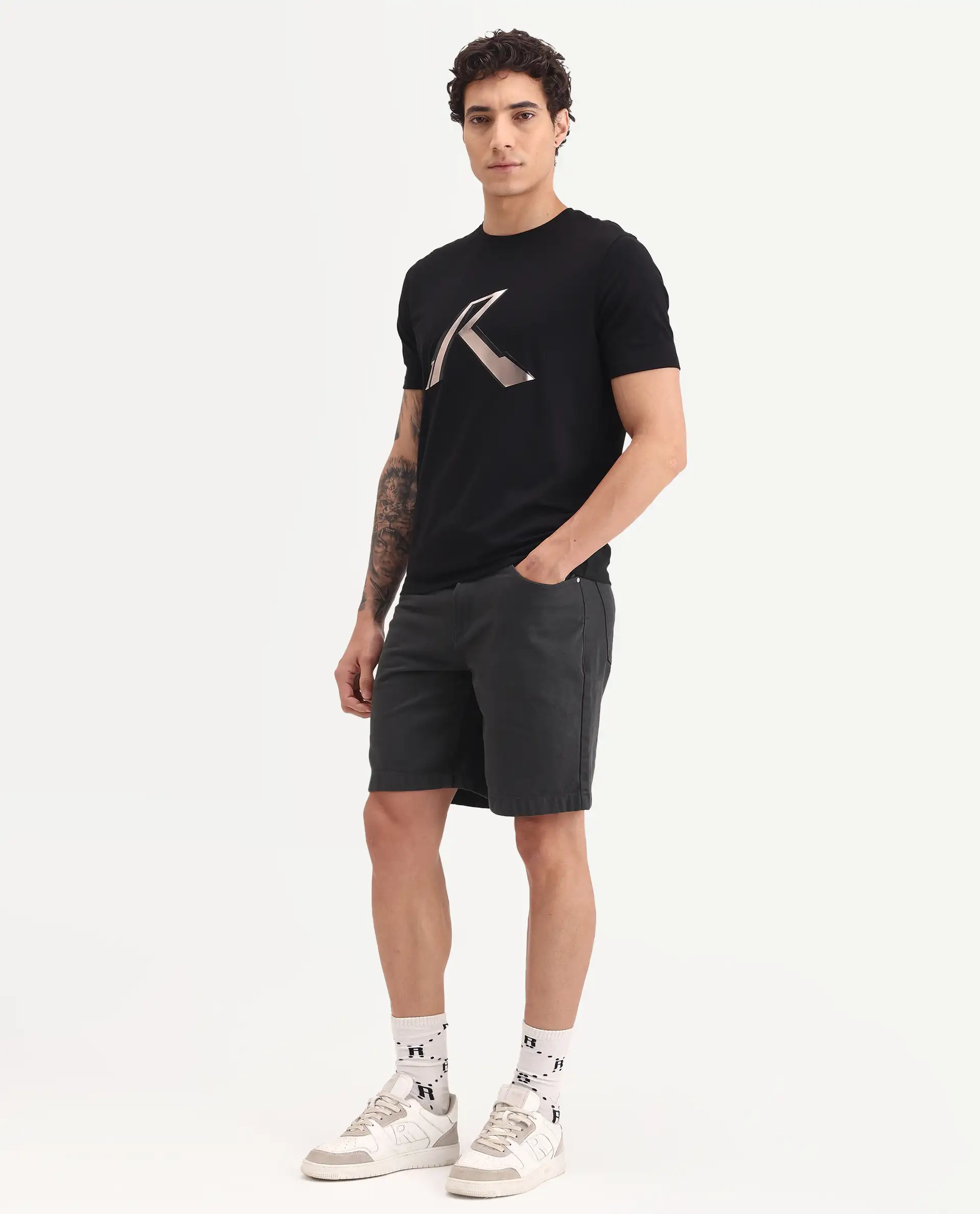 Rare Rabbit Men's Carp Dark Grey Cotton Fabric Regular Fit Plain Shorts - Image 5