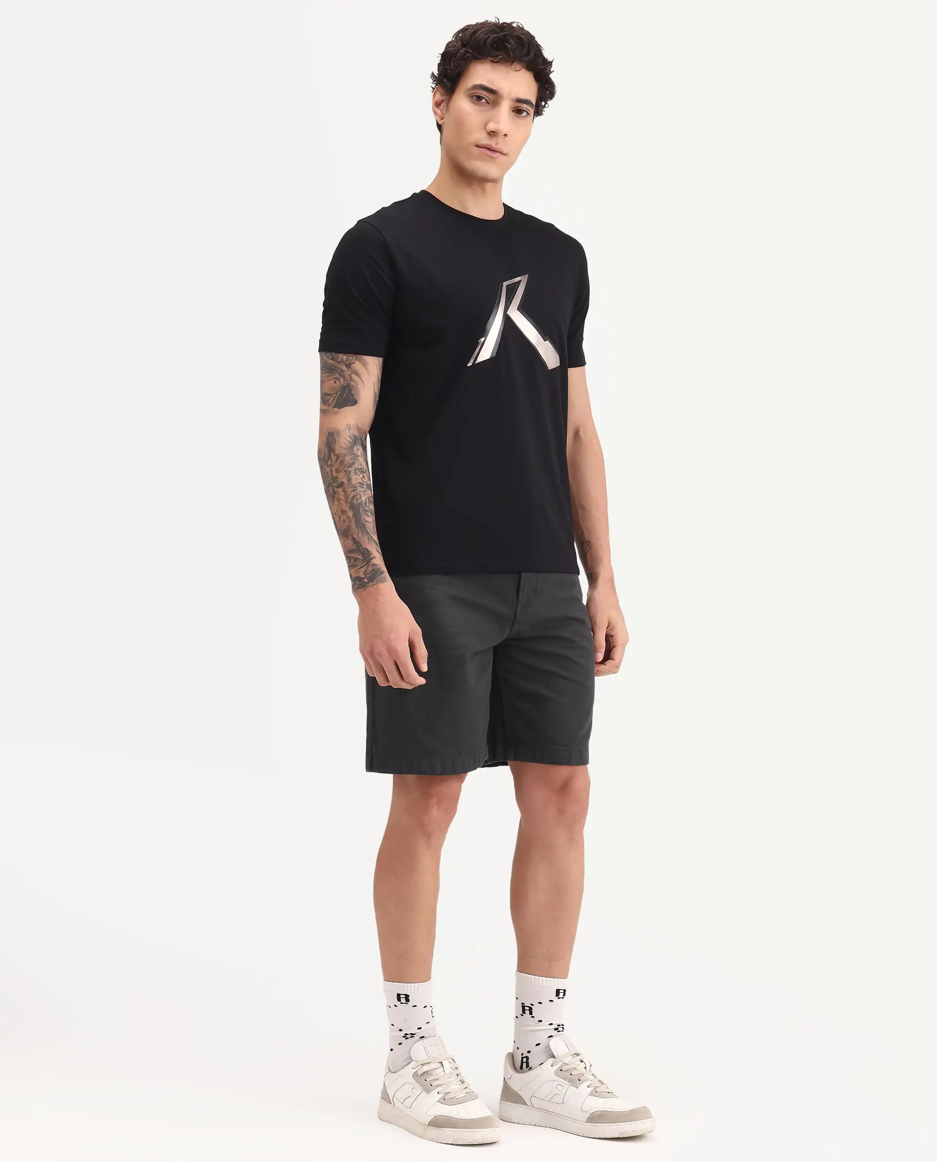 Rare Rabbit Men's Carp Dark Grey Cotton Fabric Regular Fit Plain Shorts - Image 6