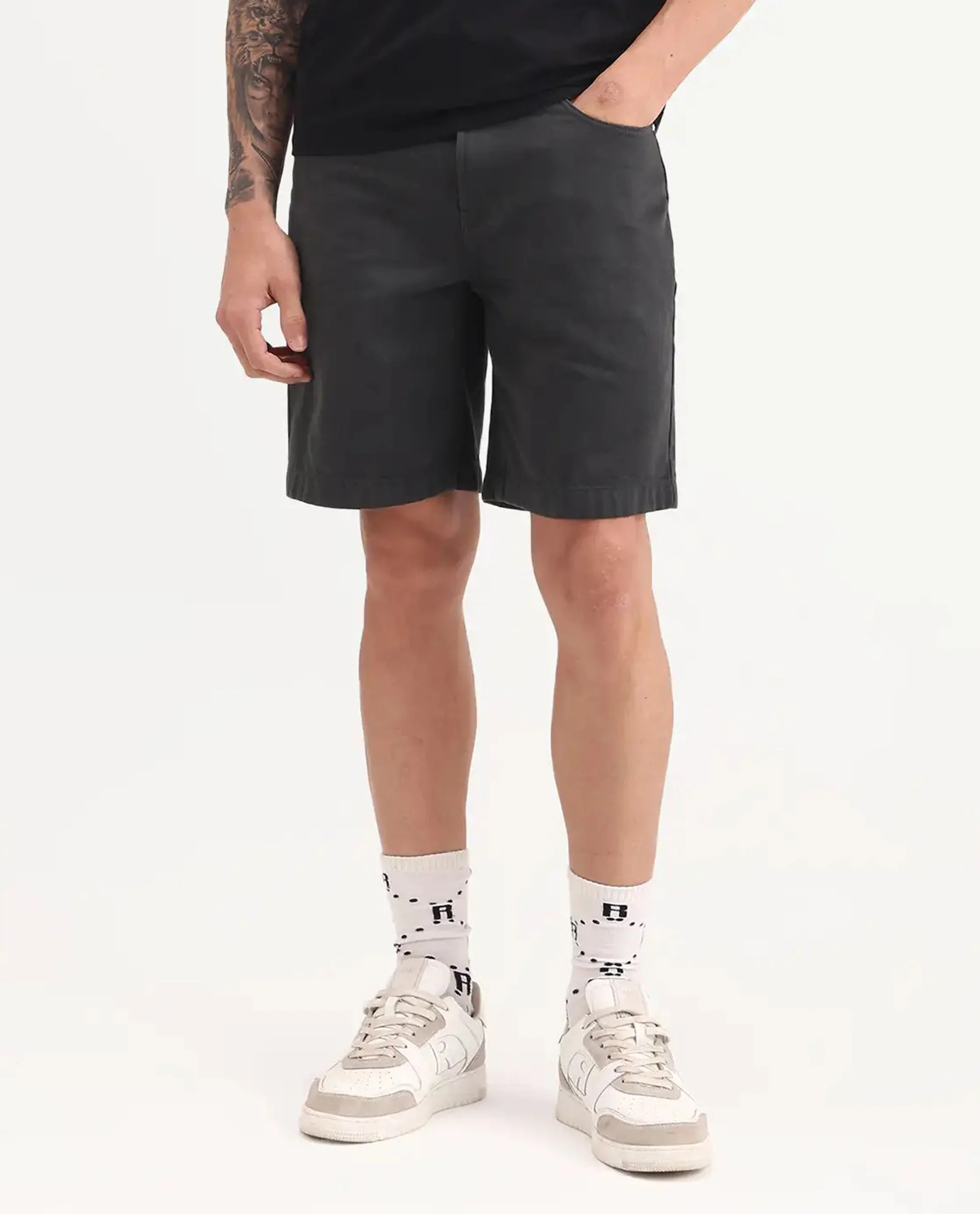 Rare Rabbit Men's Carp Dark Grey Cotton Fabric Regular Fit Plain Shorts - Image 9