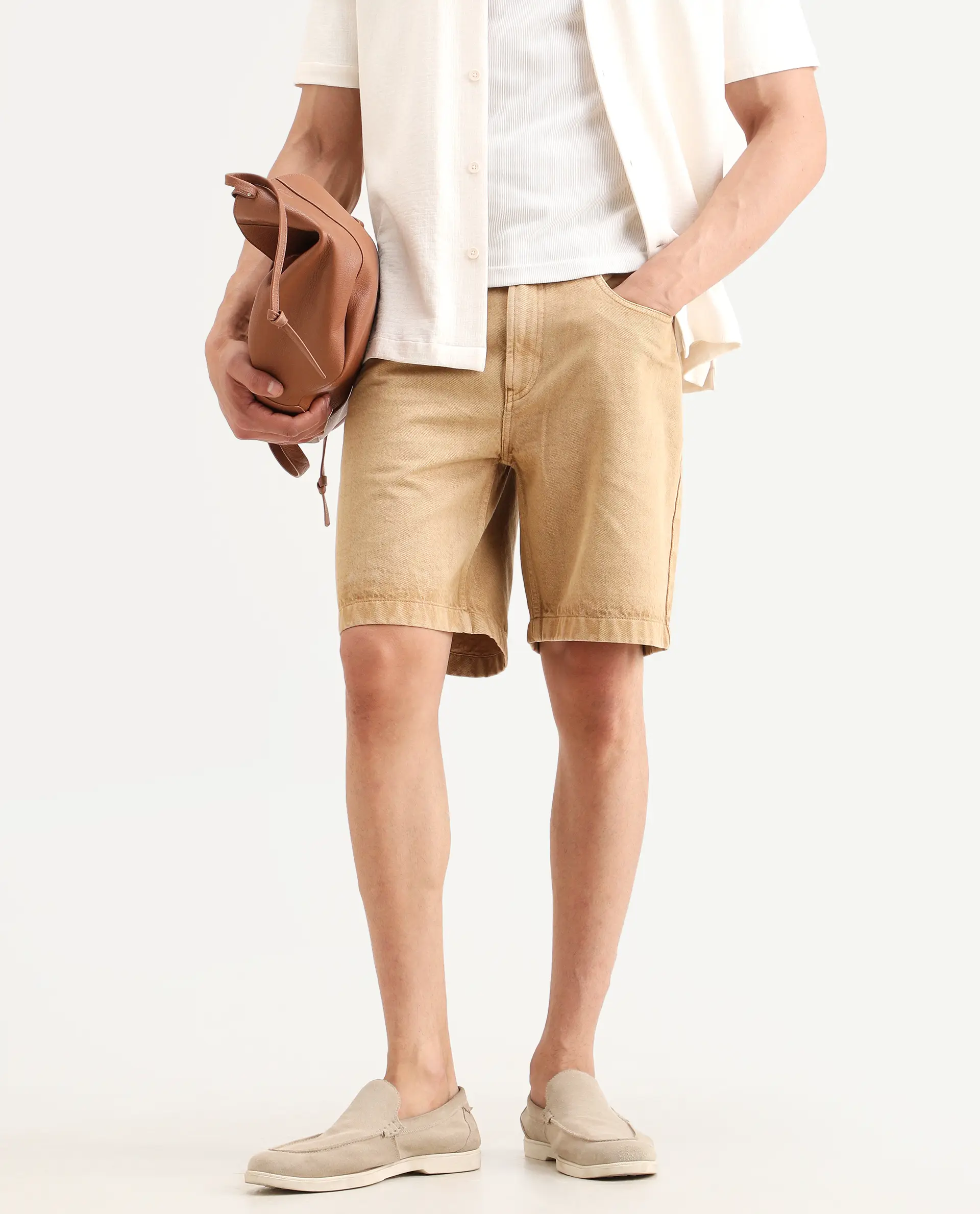 Rare Rabbit Men's Carp Khaki Cotton Fabric Relaxed Fit Plain Shorts - Image 2