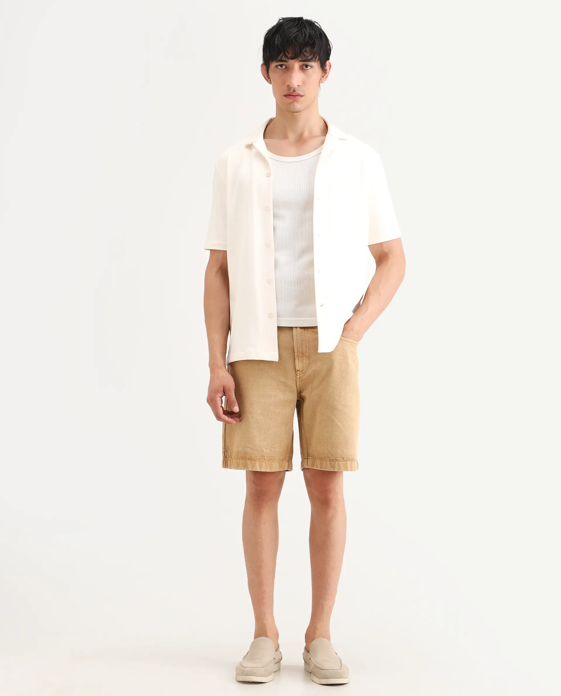 Rare Rabbit Men's Carp Khaki Cotton Fabric Relaxed Fit Plain Shorts - Image 4