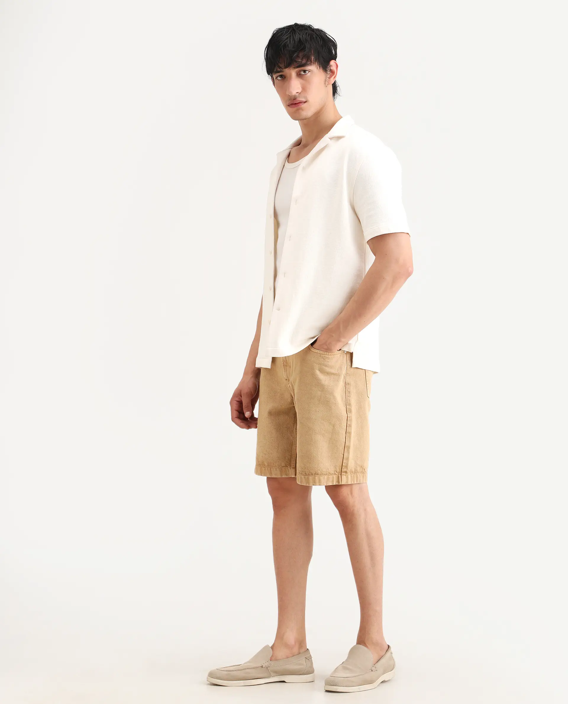 Rare Rabbit Men's Carp Khaki Cotton Fabric Relaxed Fit Plain Shorts - Image 5