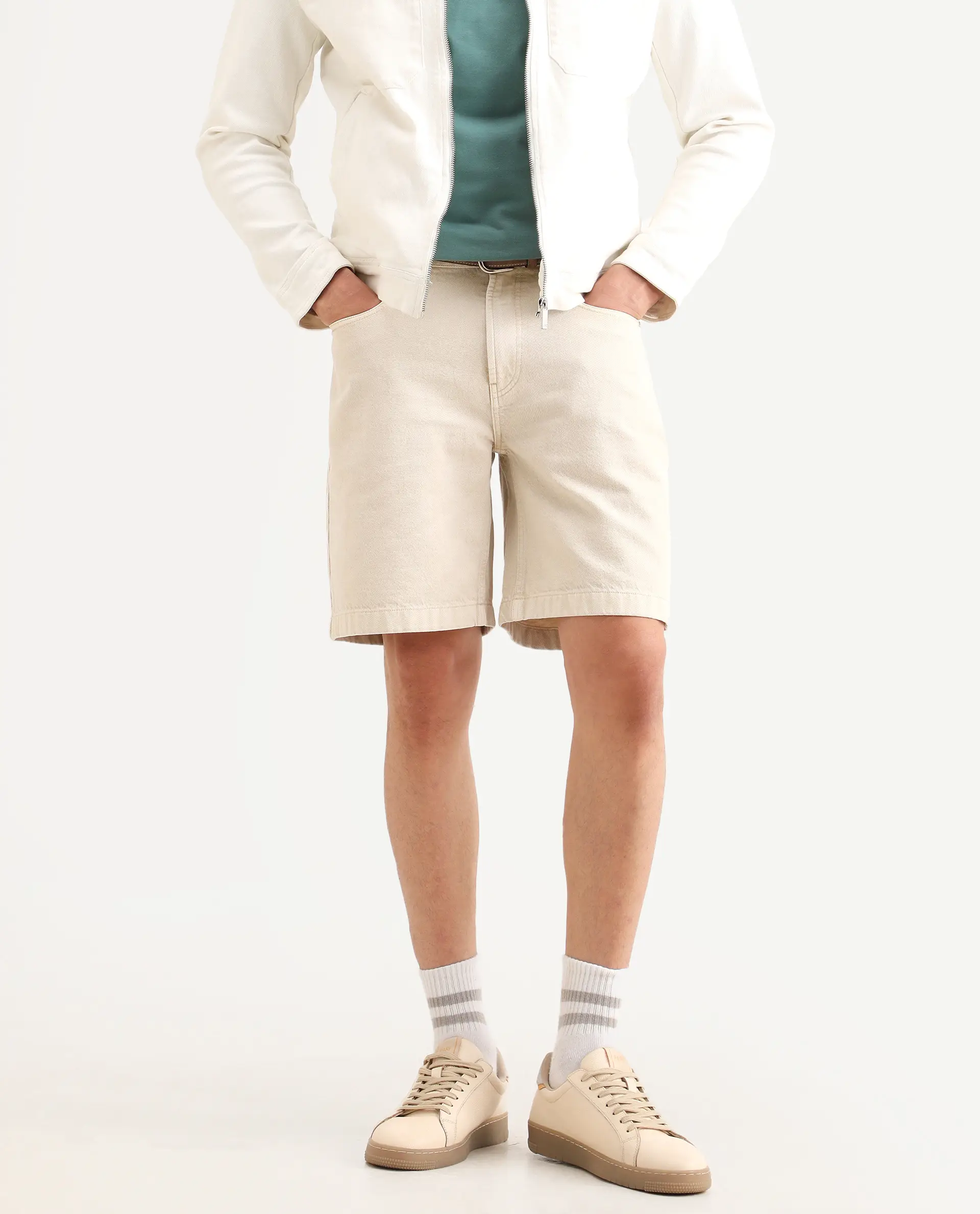 Rare Rabbit Men's Carp Light Beige Cotton Fabric Regular Fit Plain Shorts - Image 2