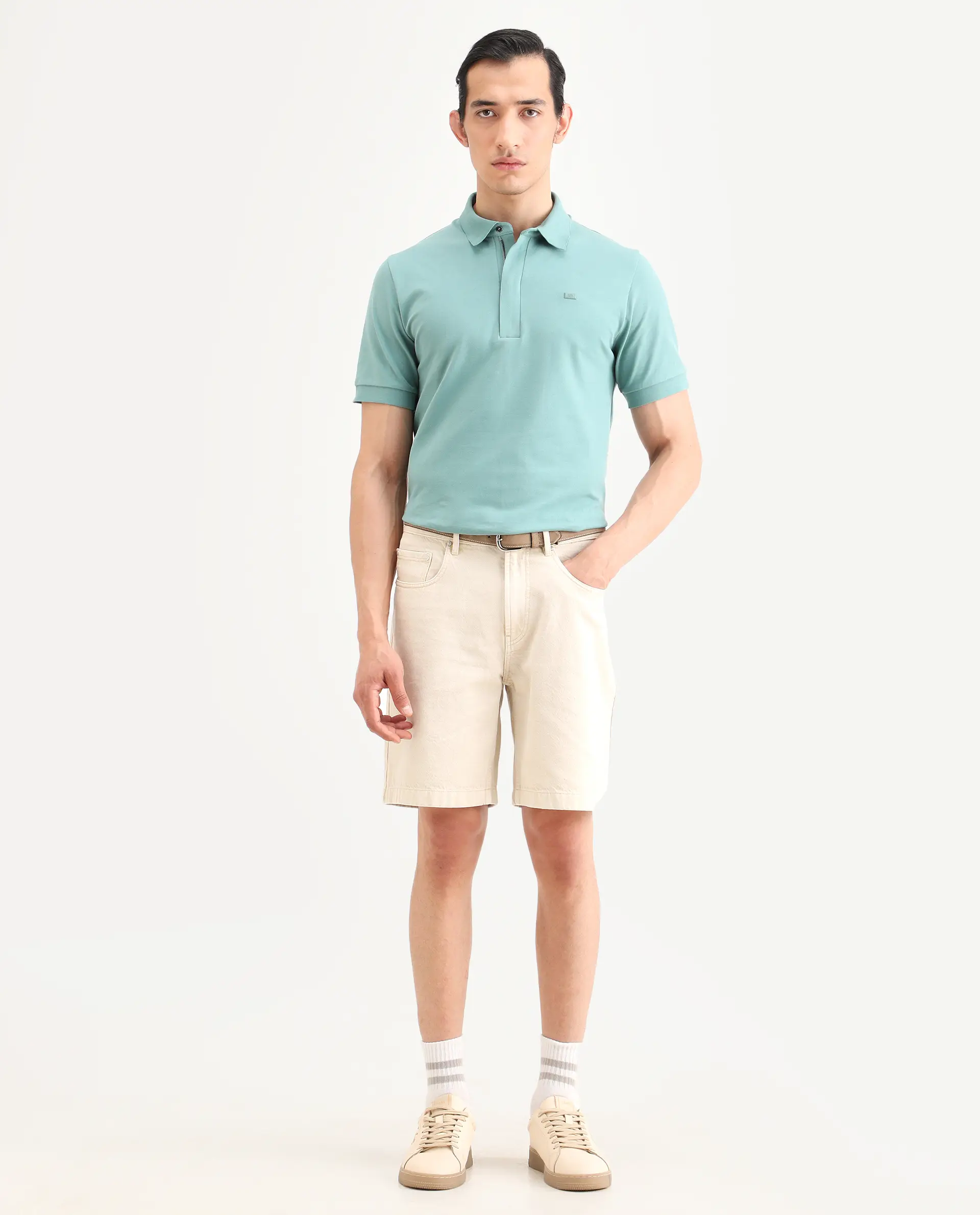 Rare Rabbit Men's Carp Light Beige Cotton Fabric Regular Fit Plain Shorts - Image 4
