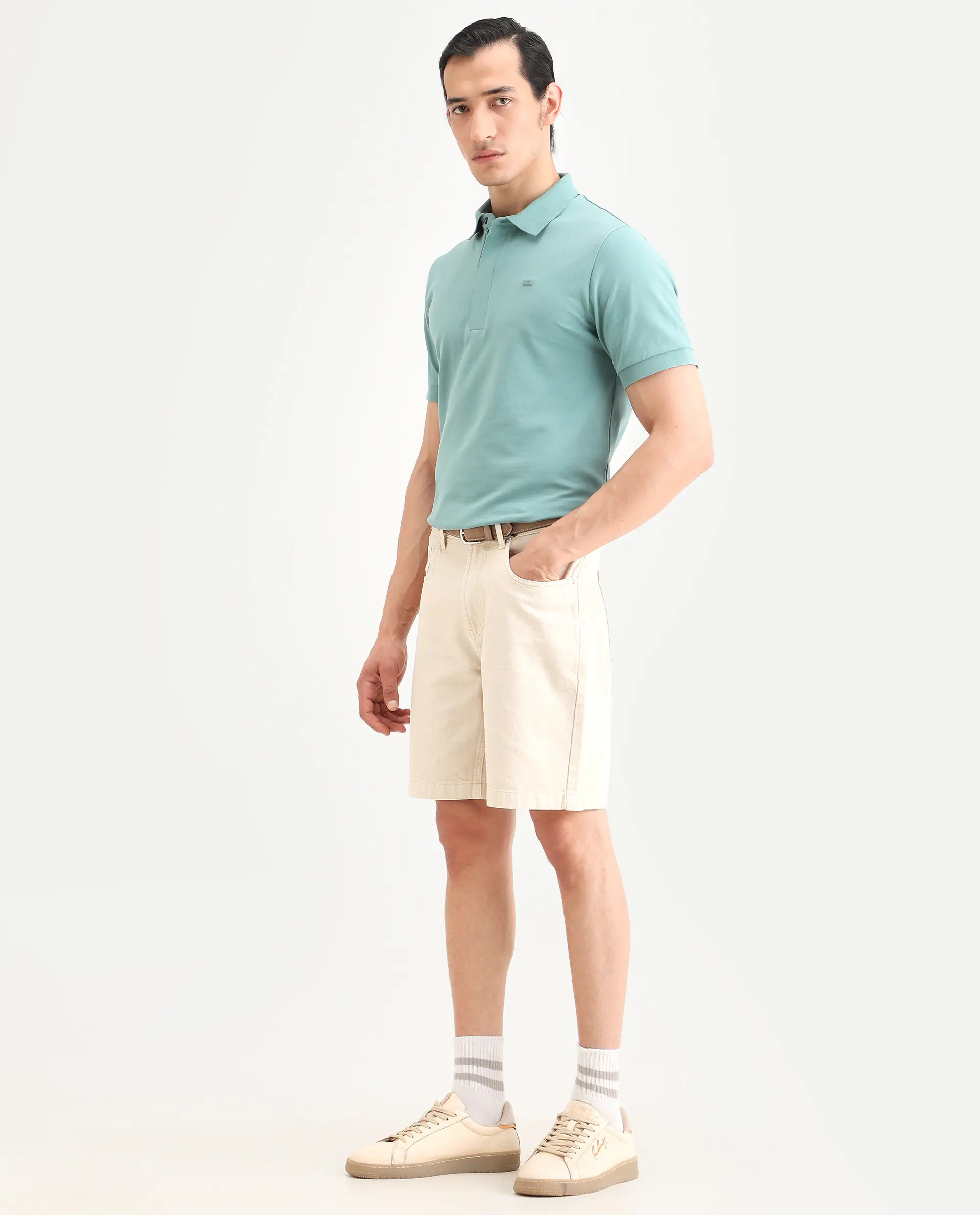Rare Rabbit Men's Carp Light Beige Cotton Fabric Regular Fit Plain Shorts - Image 5