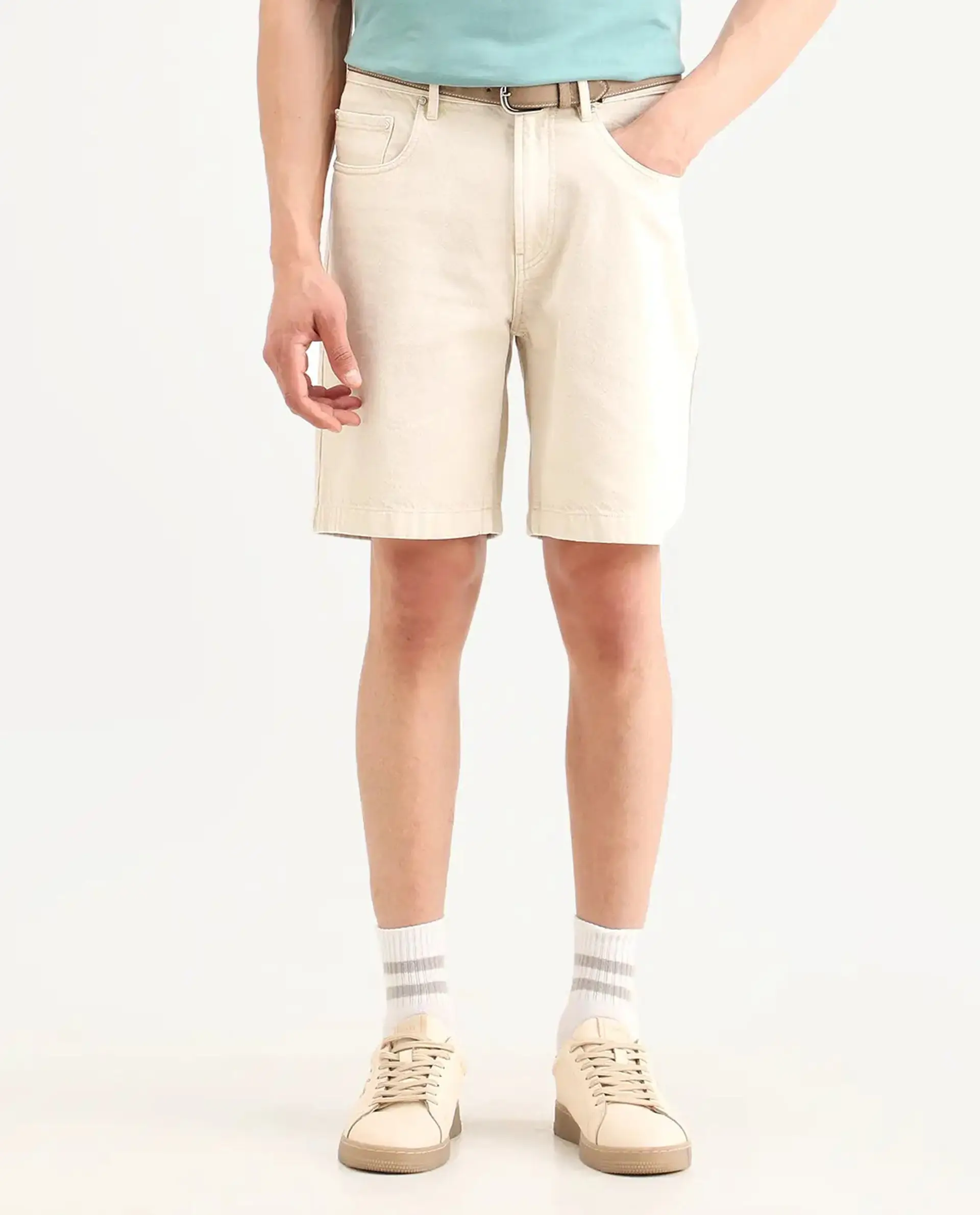 Rare Rabbit Men's Carp Light Beige Cotton Fabric Regular Fit Plain Shorts - Image 9