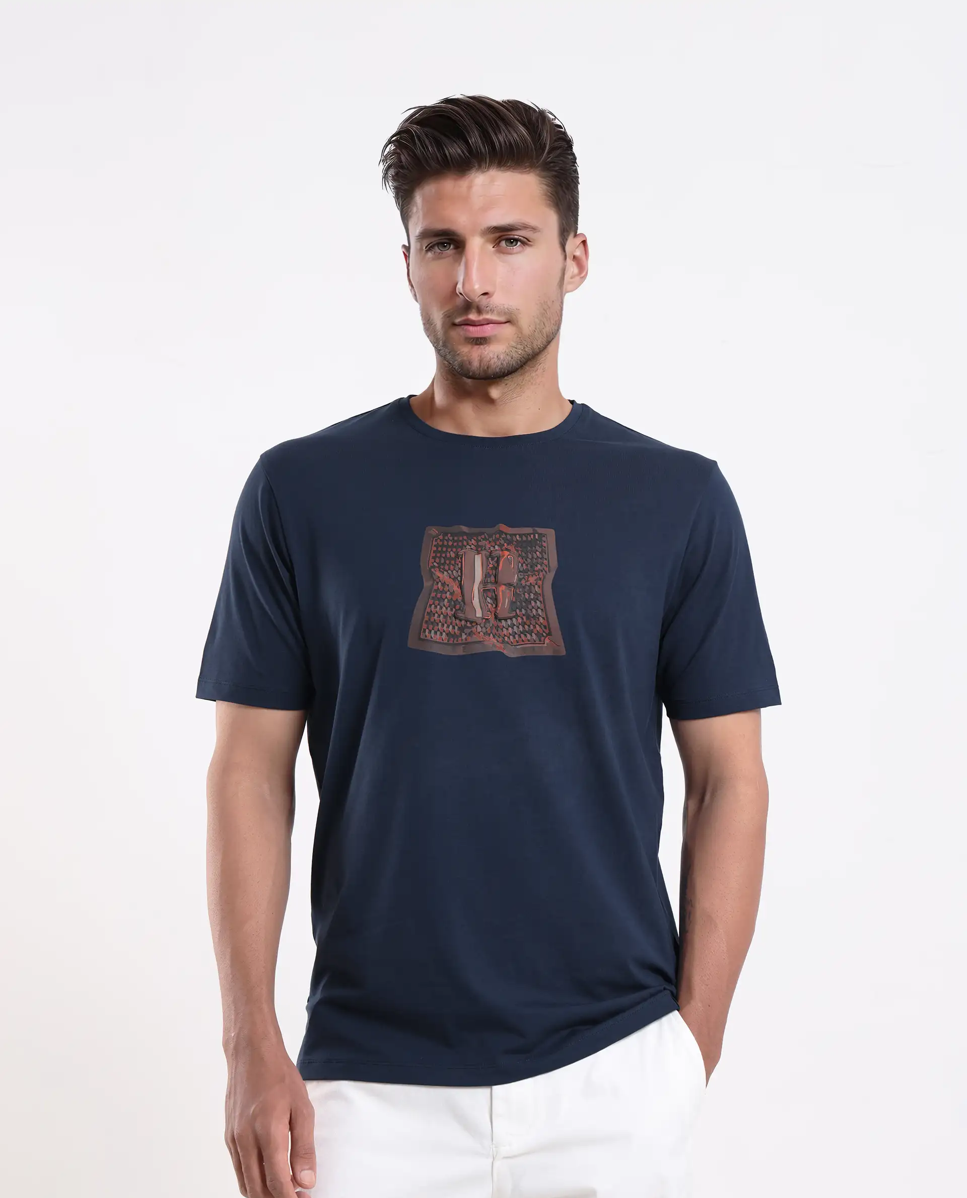 Rare Rabbit Men's Carp Dark Teal Cotton Blend Graphic Print Regular Fit Half Sleeve Crew Neck T-Shirt - Image 2