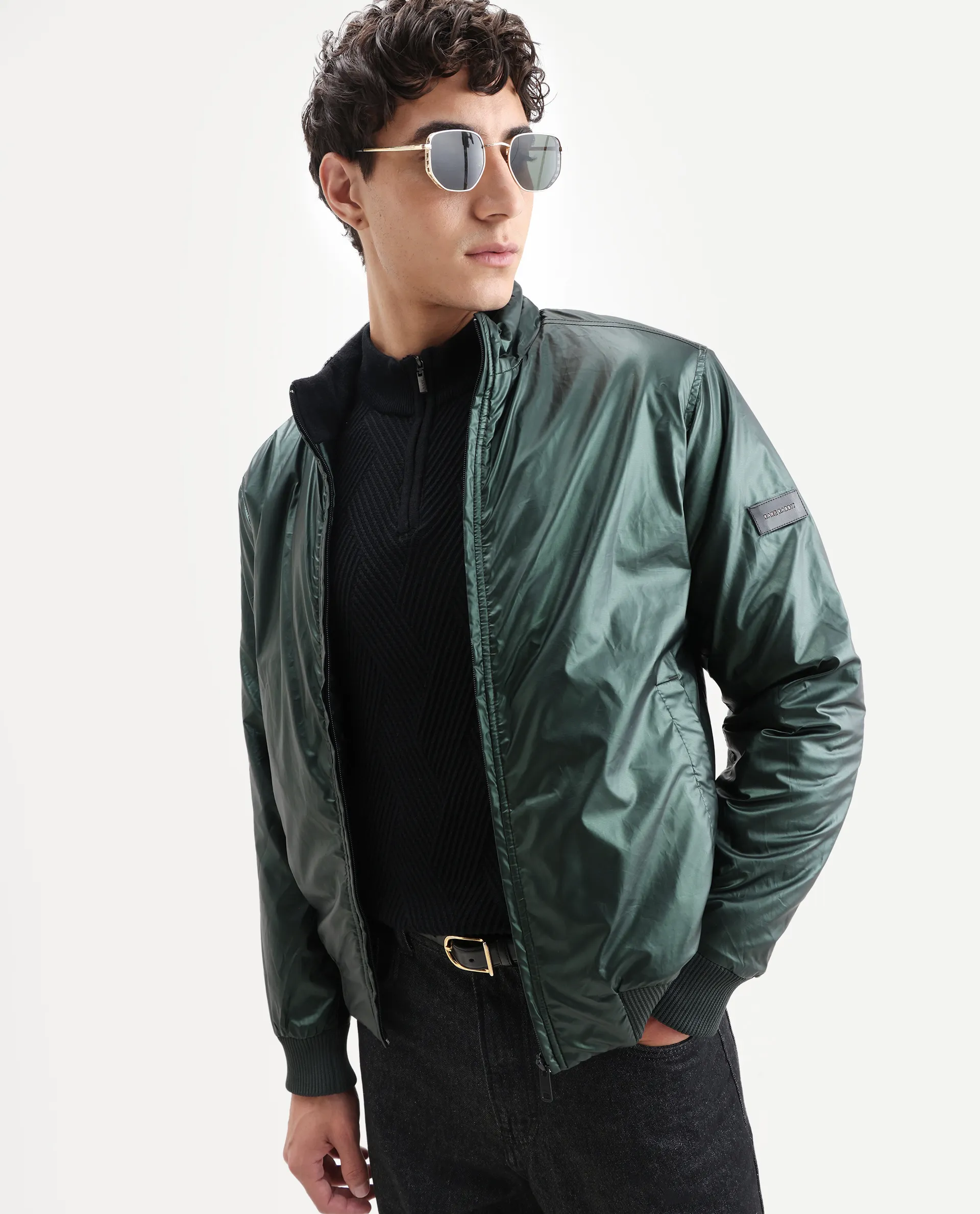 Rare Rabbit Men's Carpi Green Polyester Plain Regular Fit Full Sleeve Mandarin Collar Jacket