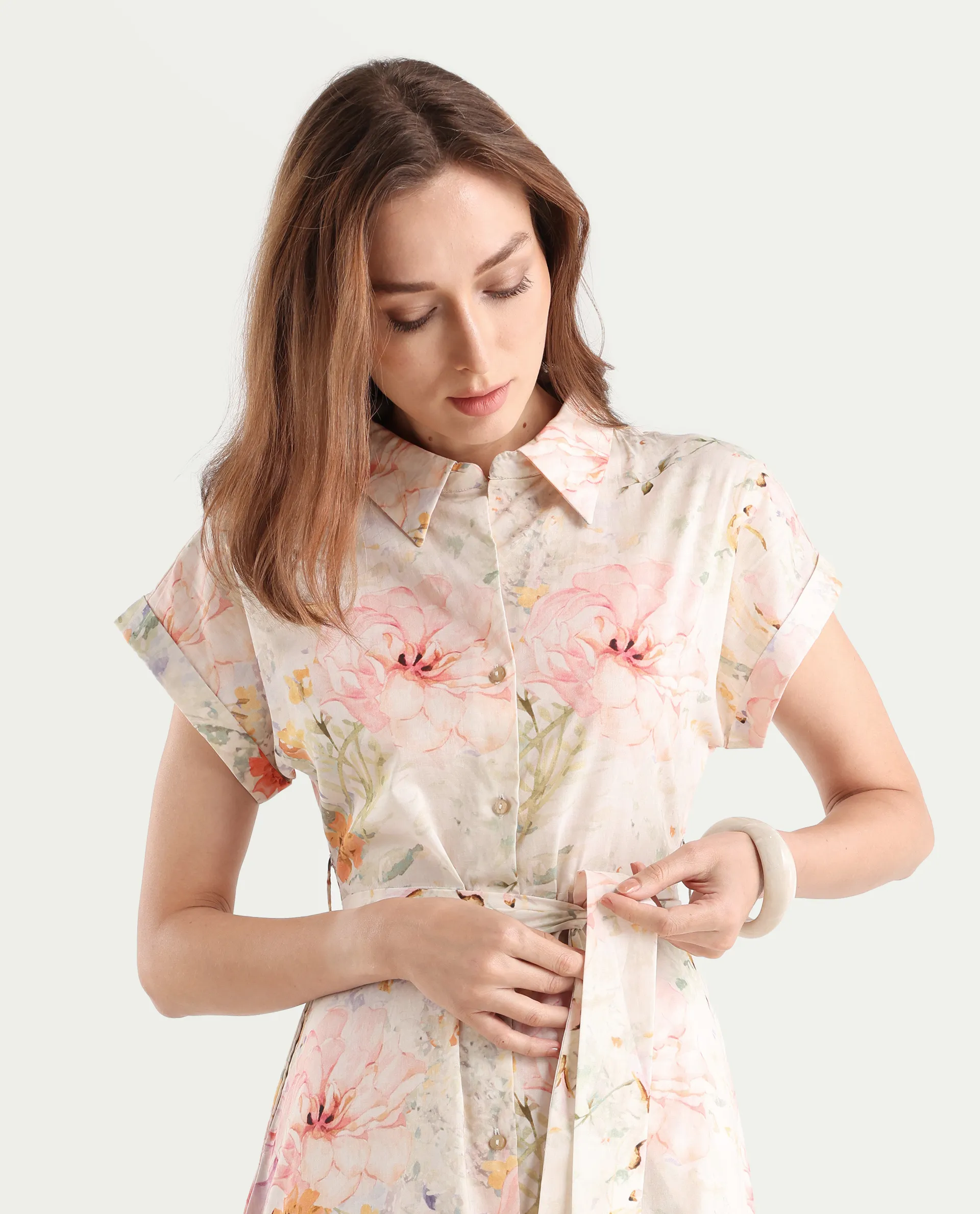 Rareism Women's Carpi Multi Cotton Drop Collar Floral Print Extended Sleeves Knee Length Regular Fit Dress - Image 2