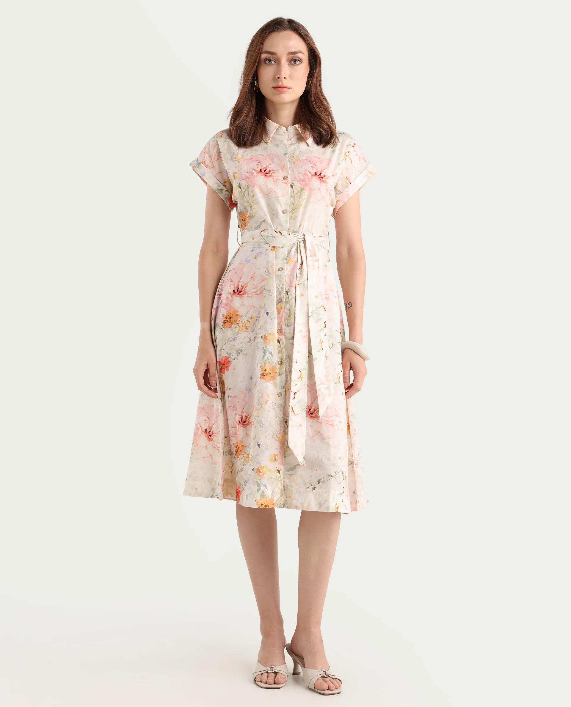 Rareism Women's Carpi Multi Cotton Drop Collar Floral Print Extended Sleeves Knee Length Regular Fit Dress - Image 3