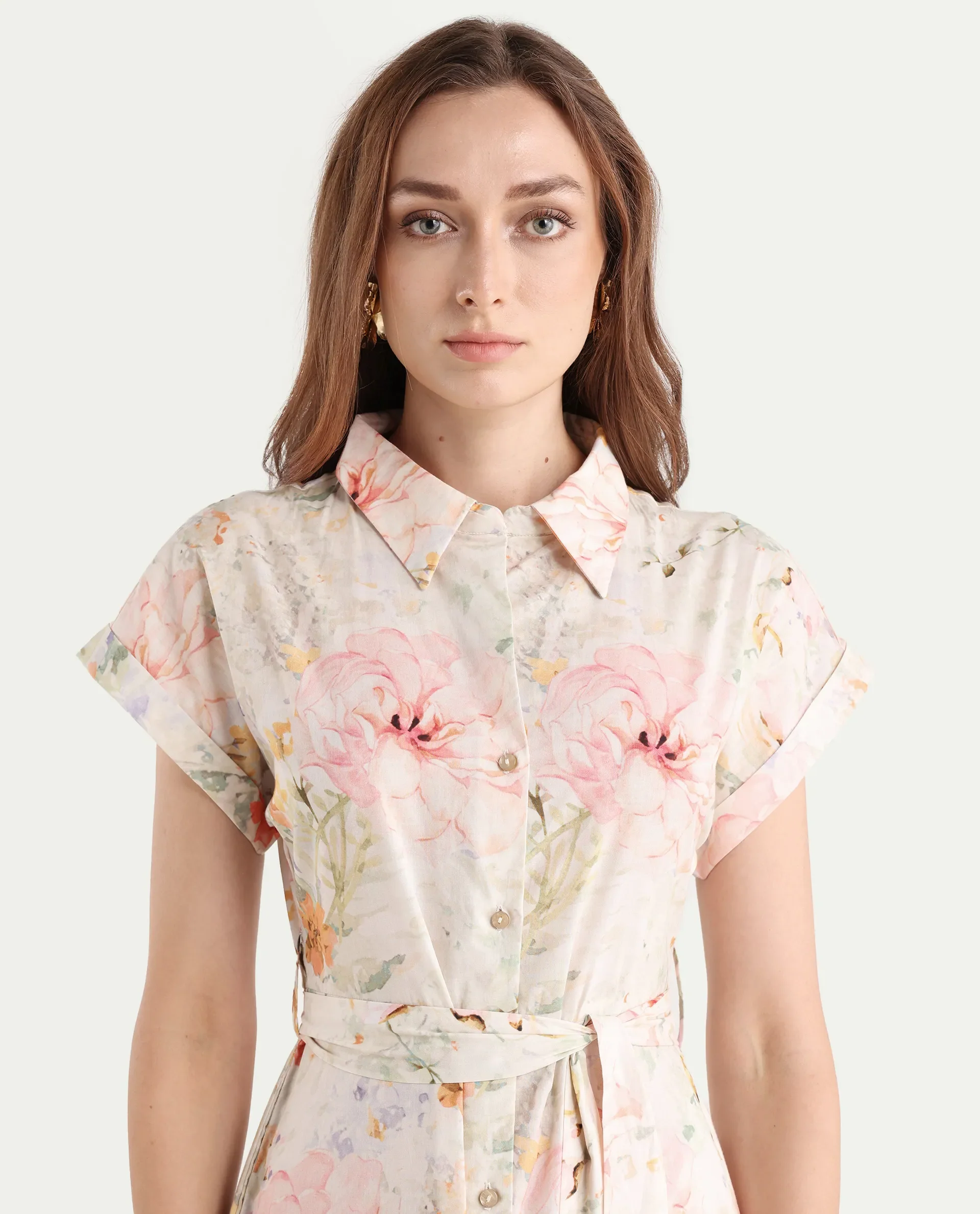 Rareism Women's Carpi Multi Cotton Drop Collar Floral Print Extended Sleeves Knee Length Regular Fit Dress - Image 4