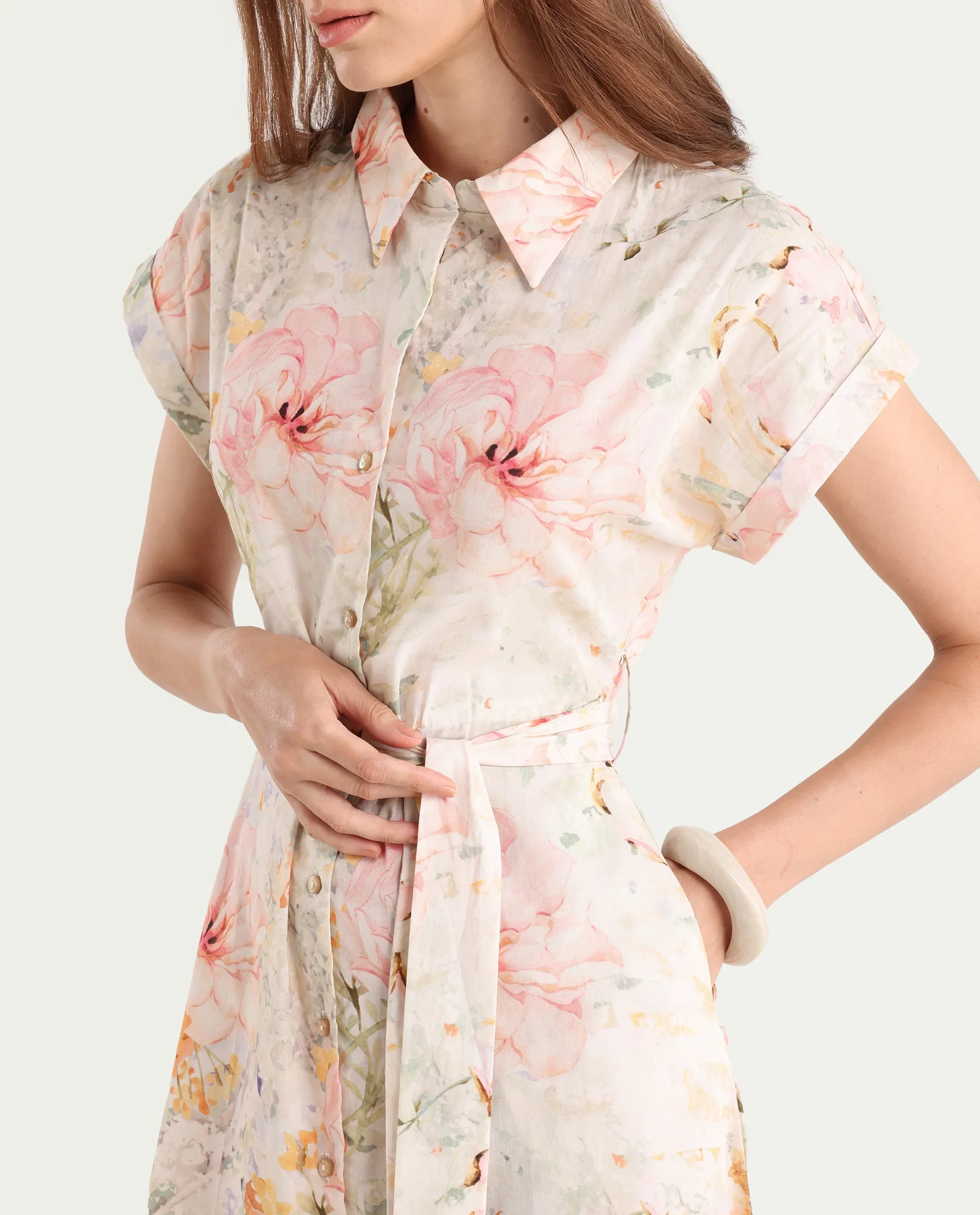 Rareism Women's Carpi Multi Cotton Drop Collar Floral Print Extended Sleeves Knee Length Regular Fit Dress - Image 5