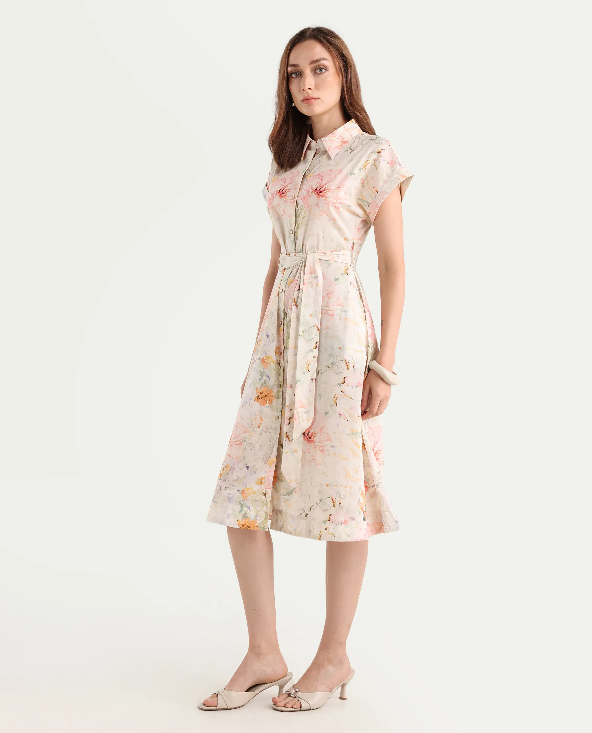 Rareism Women's Carpi Multi Cotton Drop Collar Floral Print Extended Sleeves Knee Length Regular Fit Dress - Image 6