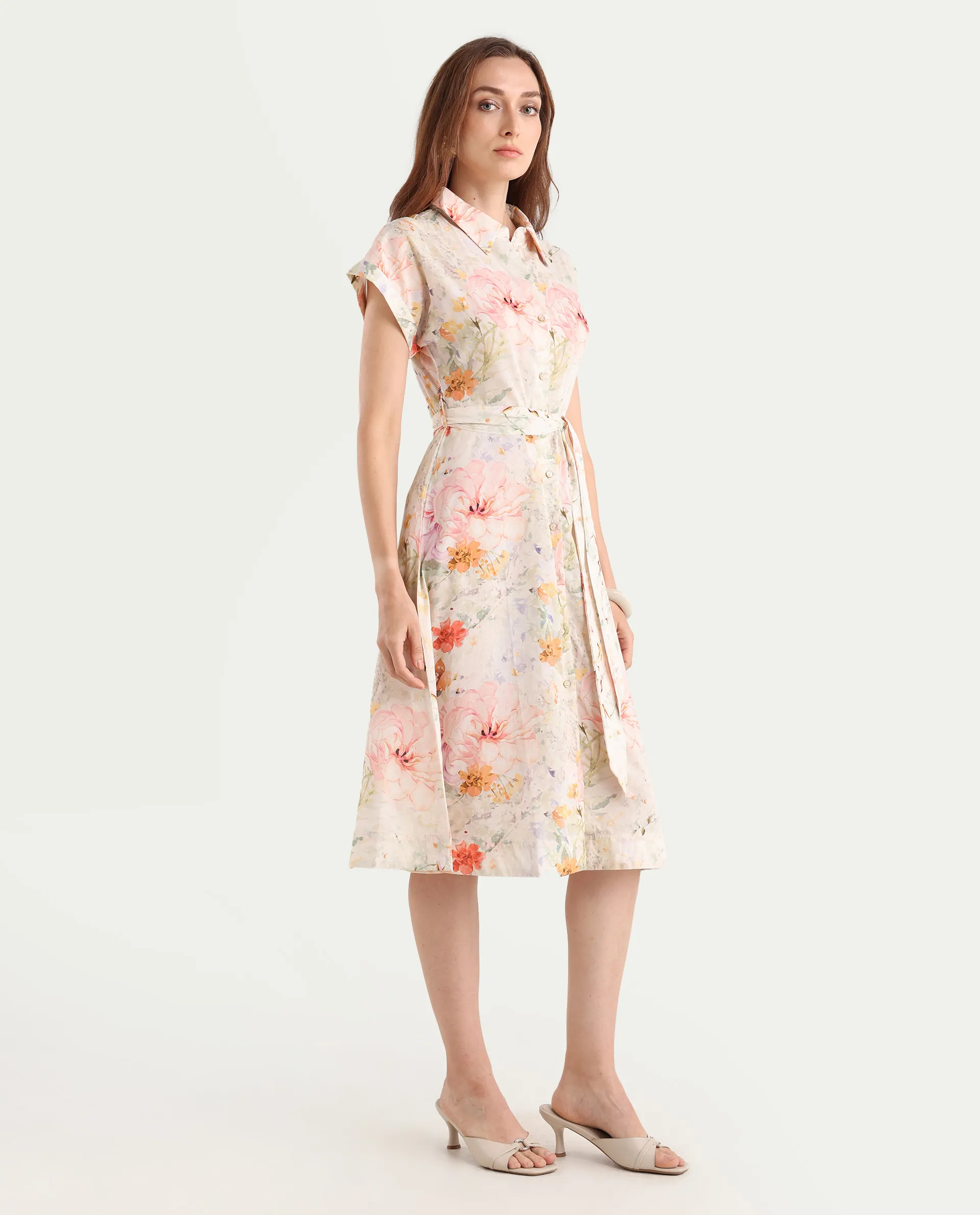 Rareism Women's Carpi Multi Cotton Drop Collar Floral Print Extended Sleeves Knee Length Regular Fit Dress - Image 7