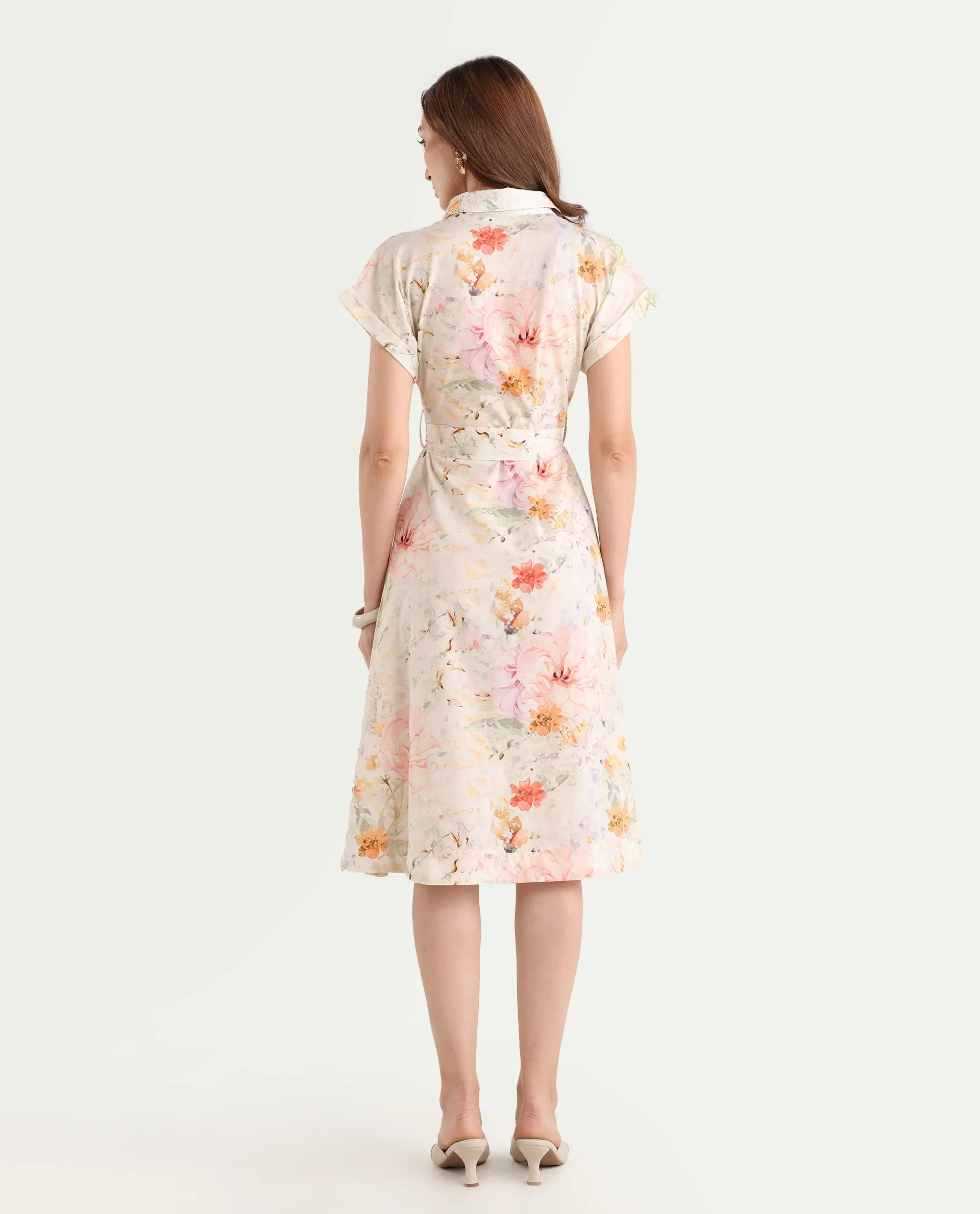 Rareism Women's Carpi Multi Cotton Drop Collar Floral Print Extended Sleeves Knee Length Regular Fit Dress - Image 8