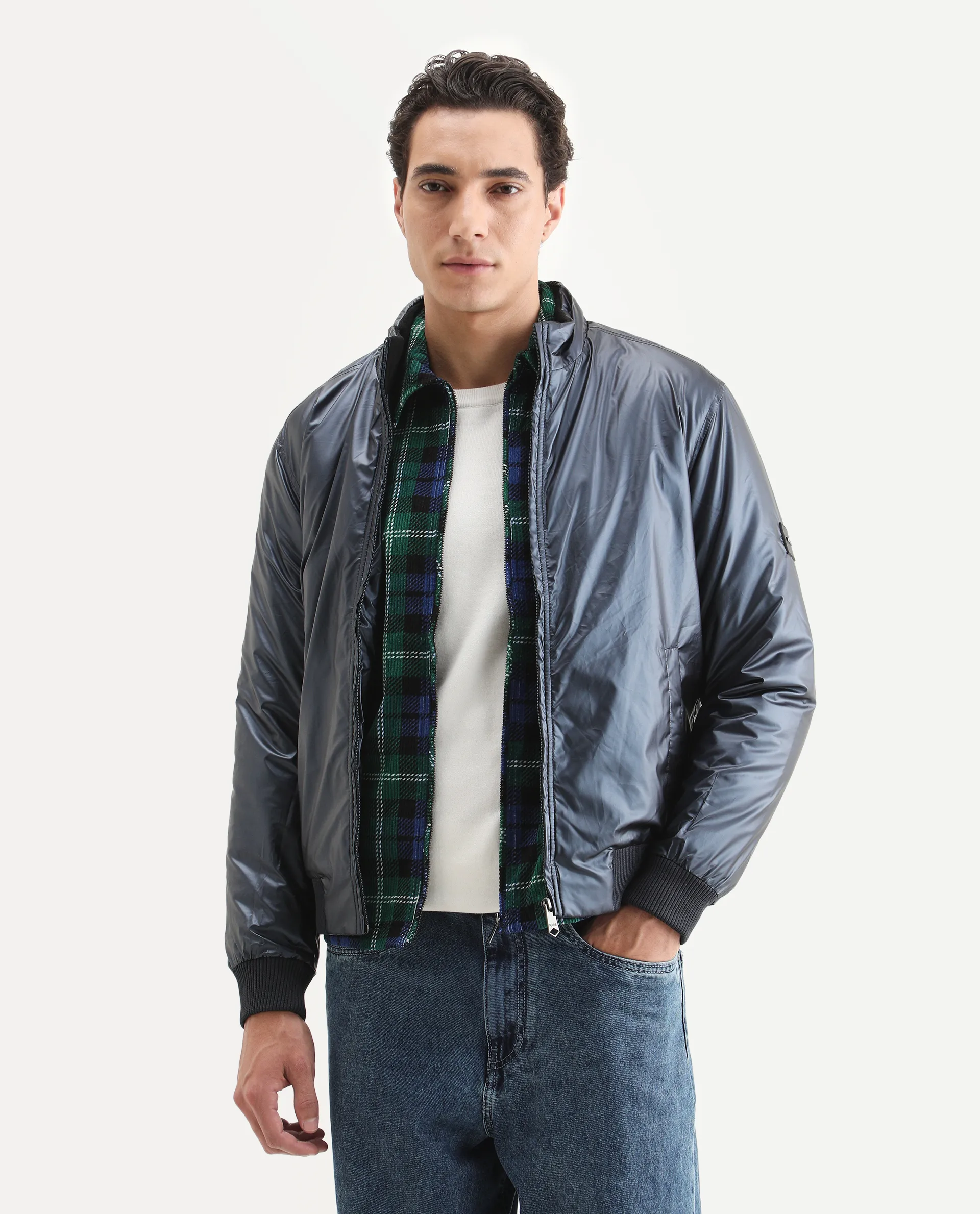 Rare Rabbit Men's Carpo Dark Petrol Polyester Plain Relaxed Fit Full Sleeve Mandarin Collar Jacket - Image 3