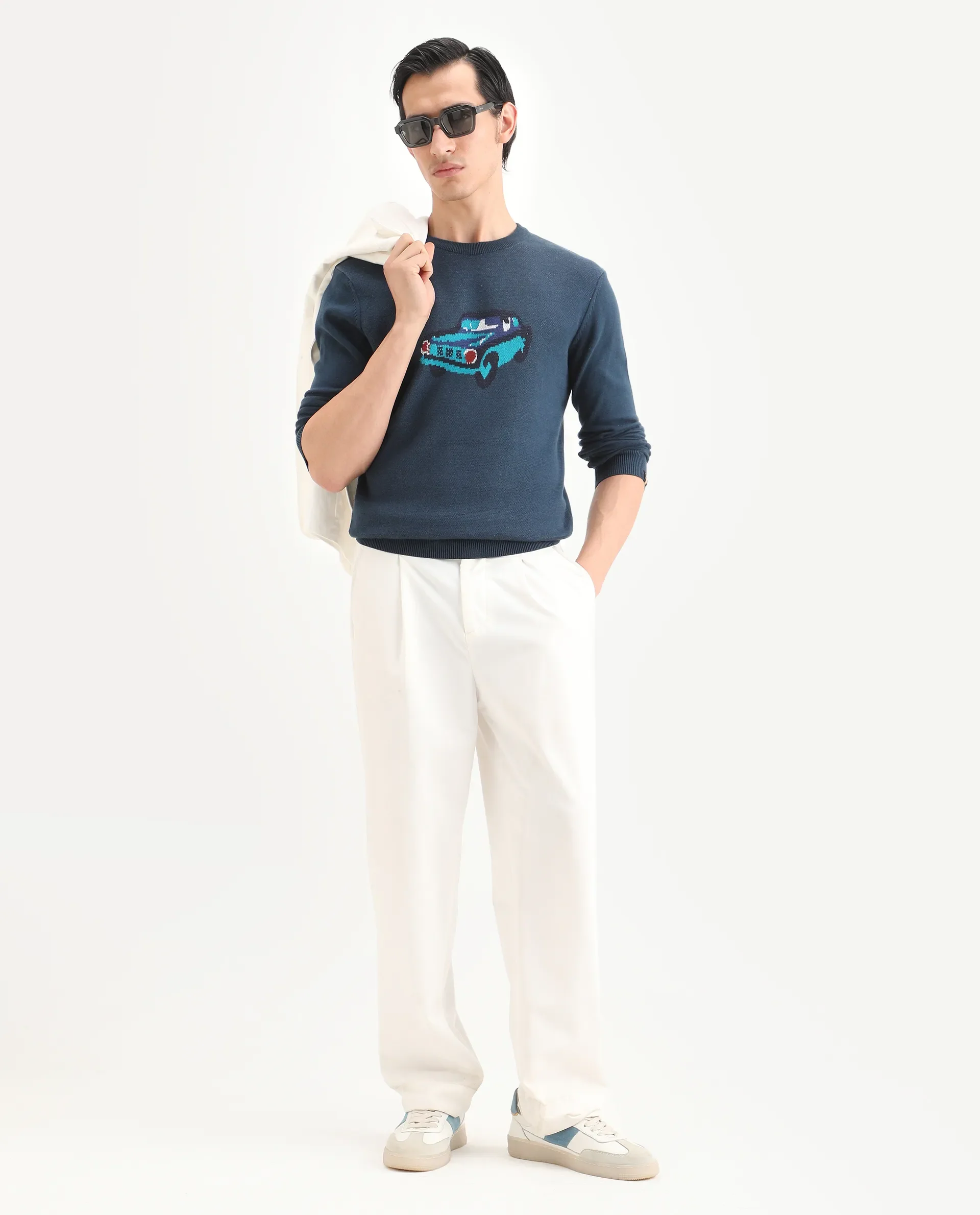 Rare Rabbit Men's Carr Petrol Cotton Jacquard Relaxed Fit Full Sleeve Crew Neck Sweater - Image 2