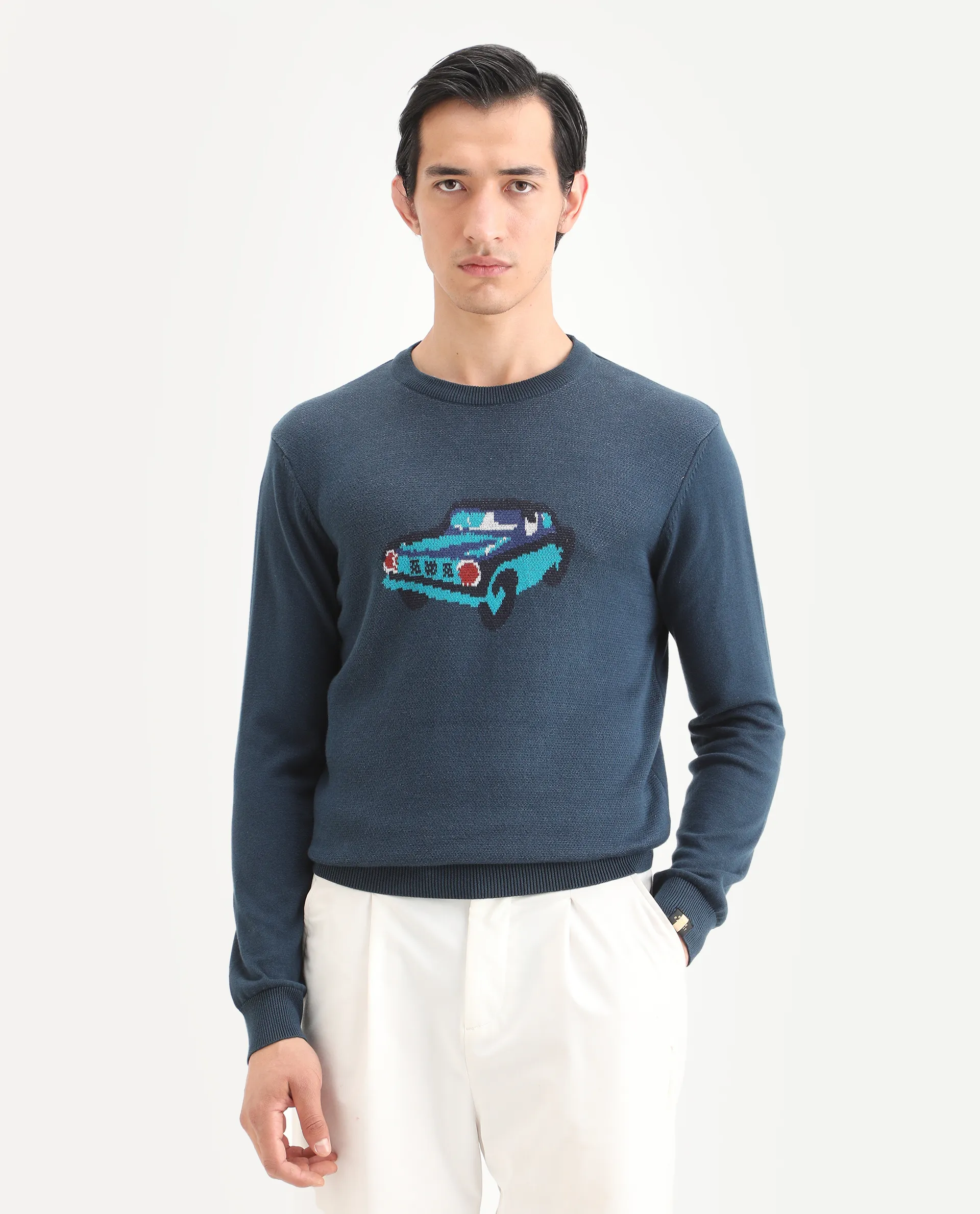 Rare Rabbit Men's Carr Petrol Cotton Jacquard Relaxed Fit Full Sleeve Crew Neck Sweater - Image 3