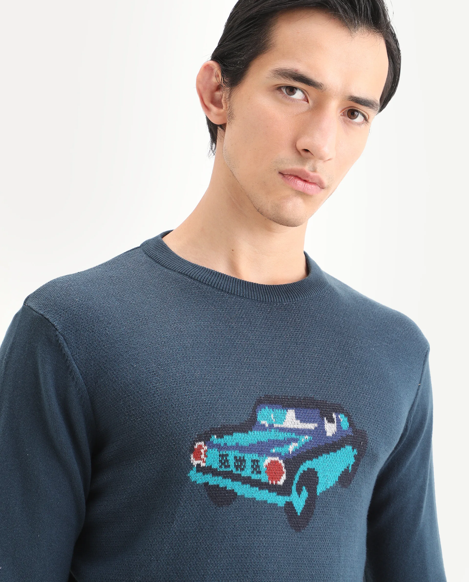 Rare Rabbit Men's Carr Petrol Cotton Jacquard Relaxed Fit Full Sleeve Crew Neck Sweater - Image 4