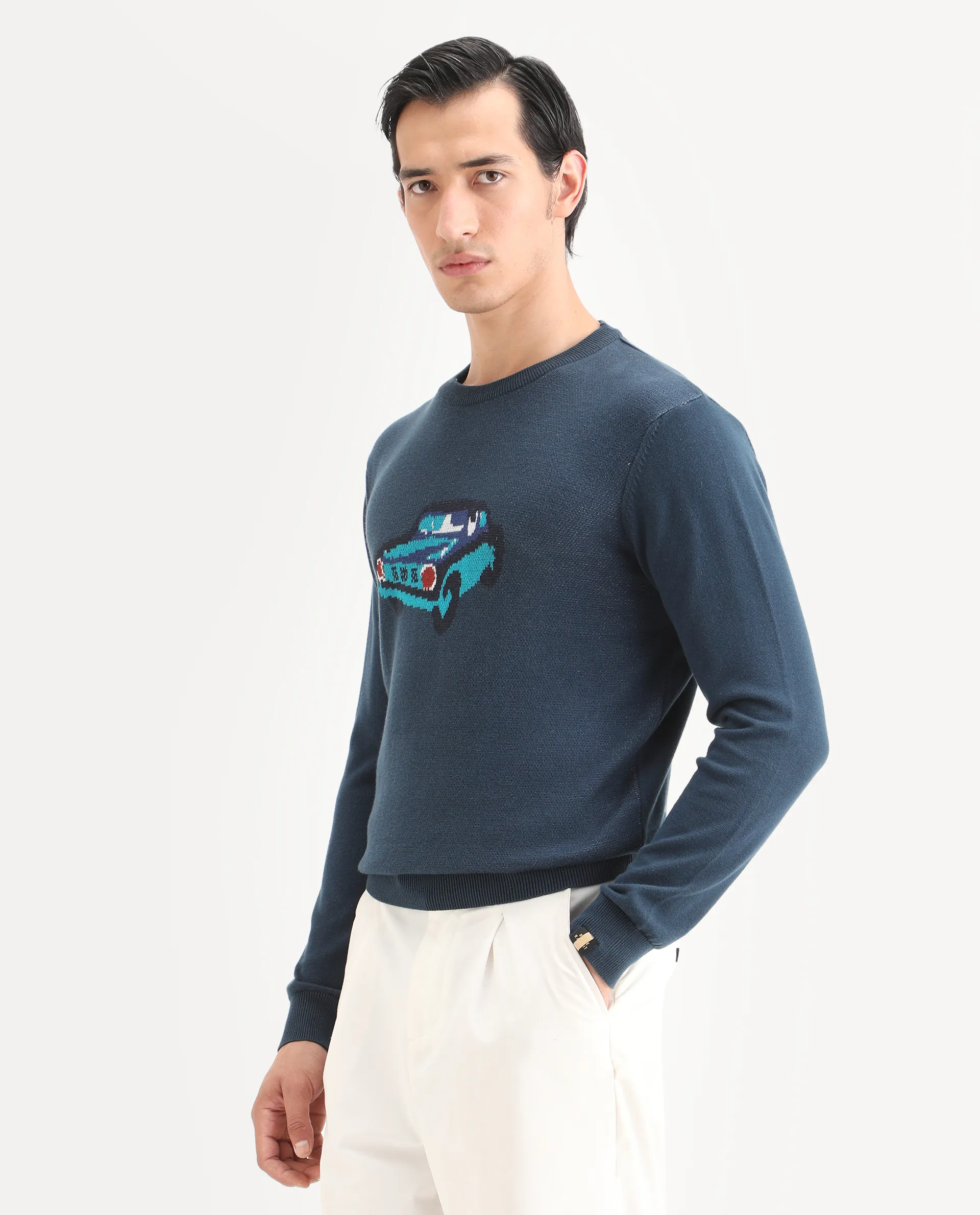 Rare Rabbit Men's Carr Petrol Cotton Jacquard Relaxed Fit Full Sleeve Crew Neck Sweater - Image 5