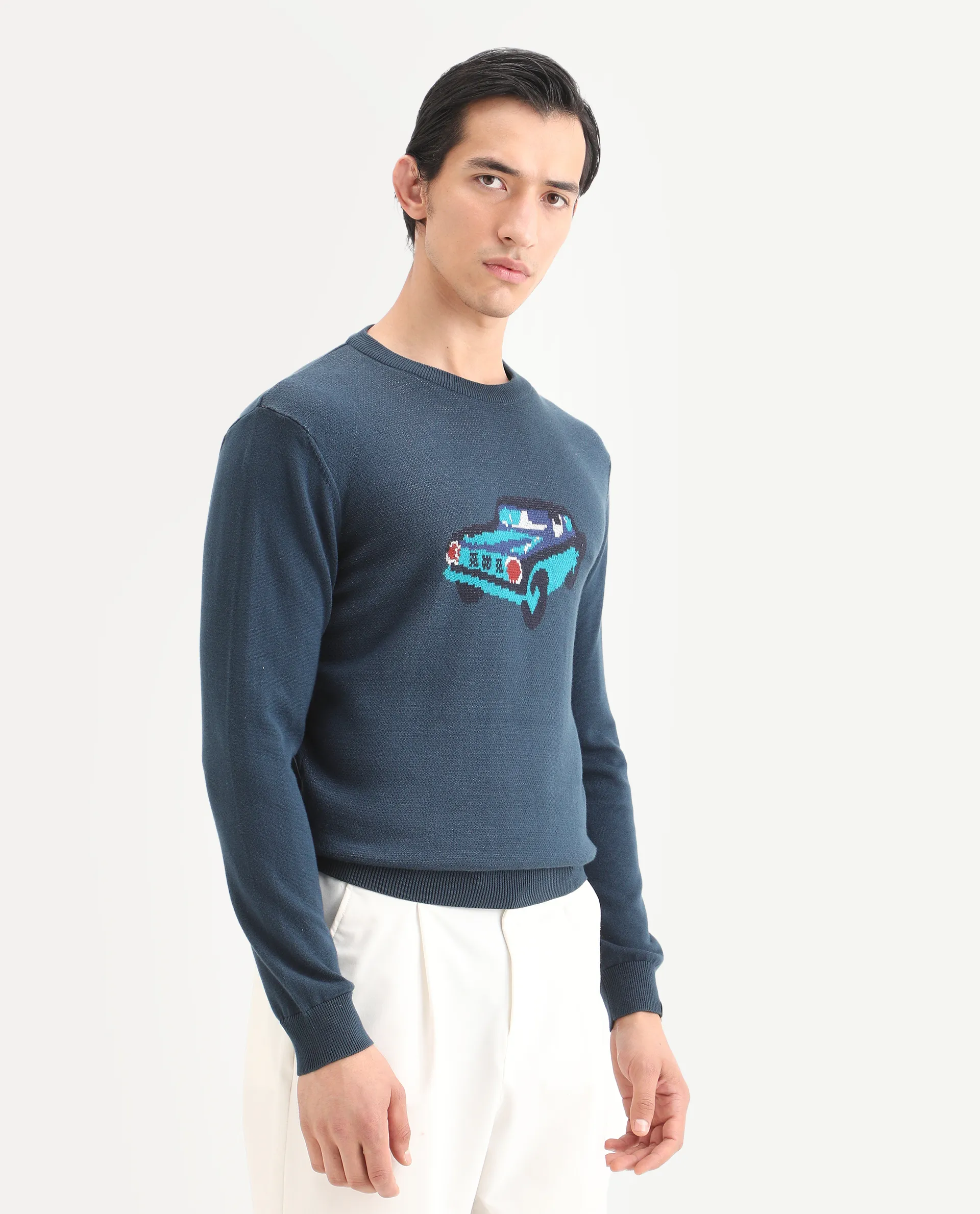 Rare Rabbit Men's Carr Petrol Cotton Jacquard Relaxed Fit Full Sleeve Crew Neck Sweater - Image 6
