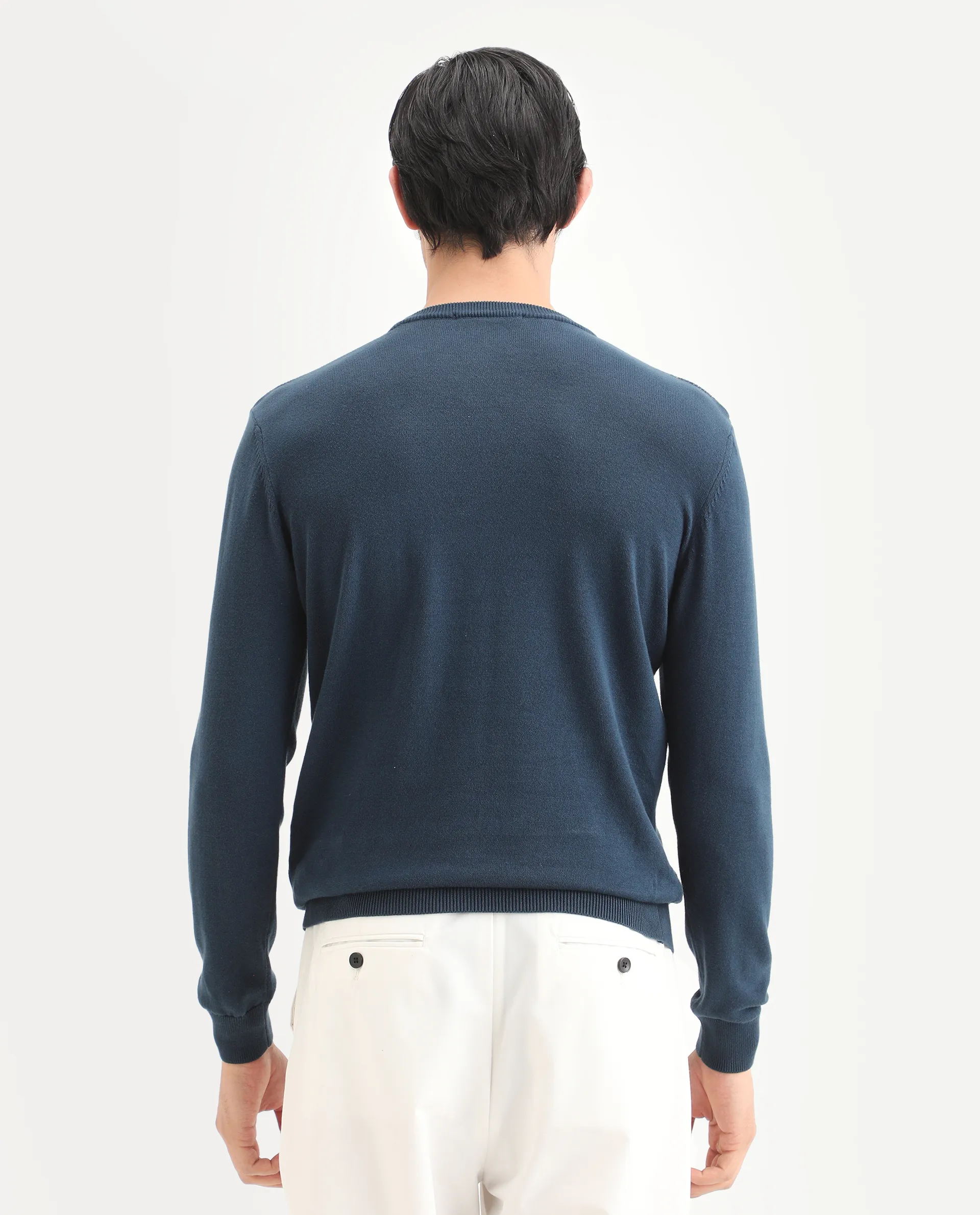 Rare Rabbit Men's Carr Petrol Cotton Jacquard Relaxed Fit Full Sleeve Crew Neck Sweater - Image 7