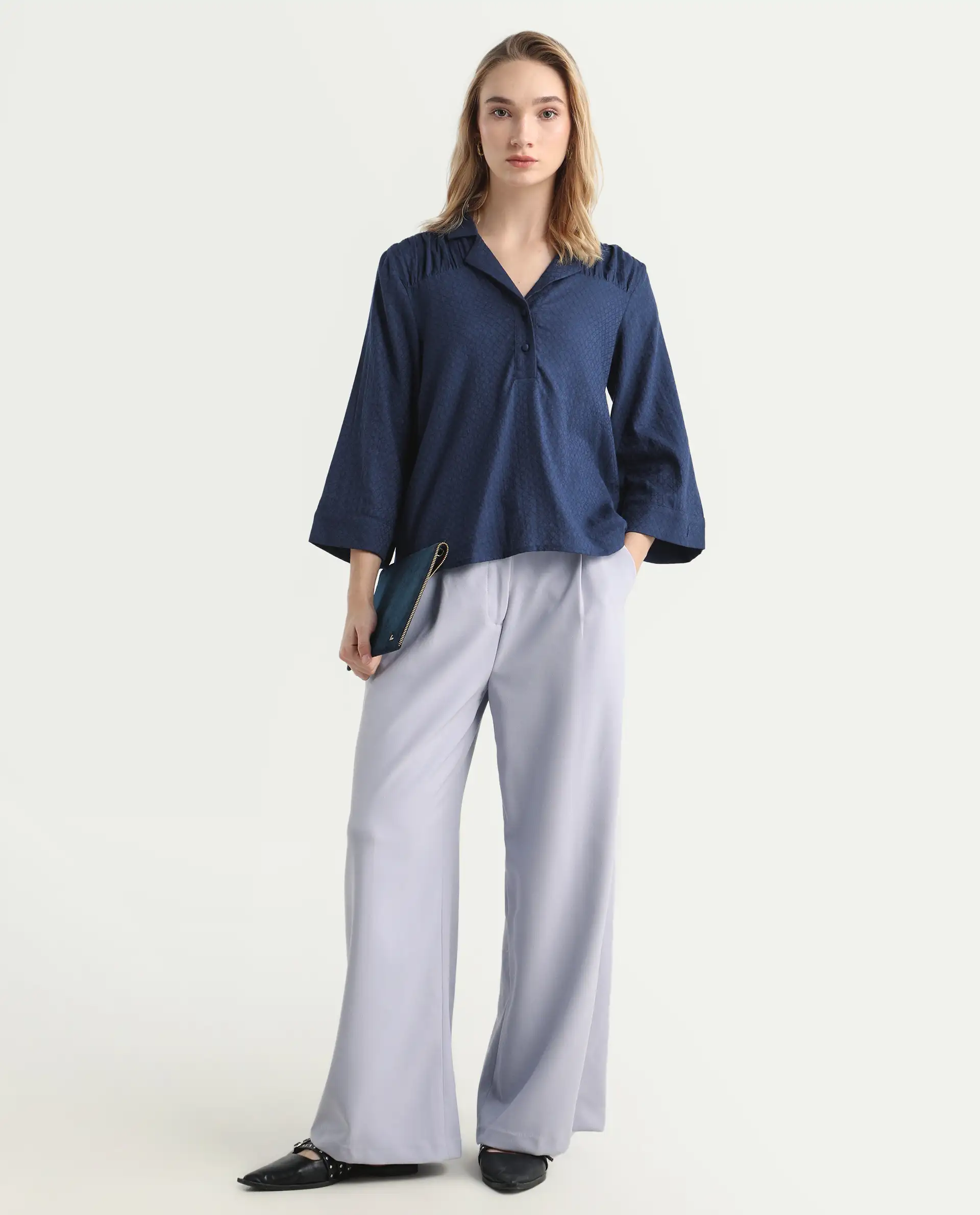Rareism Women's Carrara Dark Blue Cotton Blend Lapel Neck Plain Regular Fit Top - Image 2