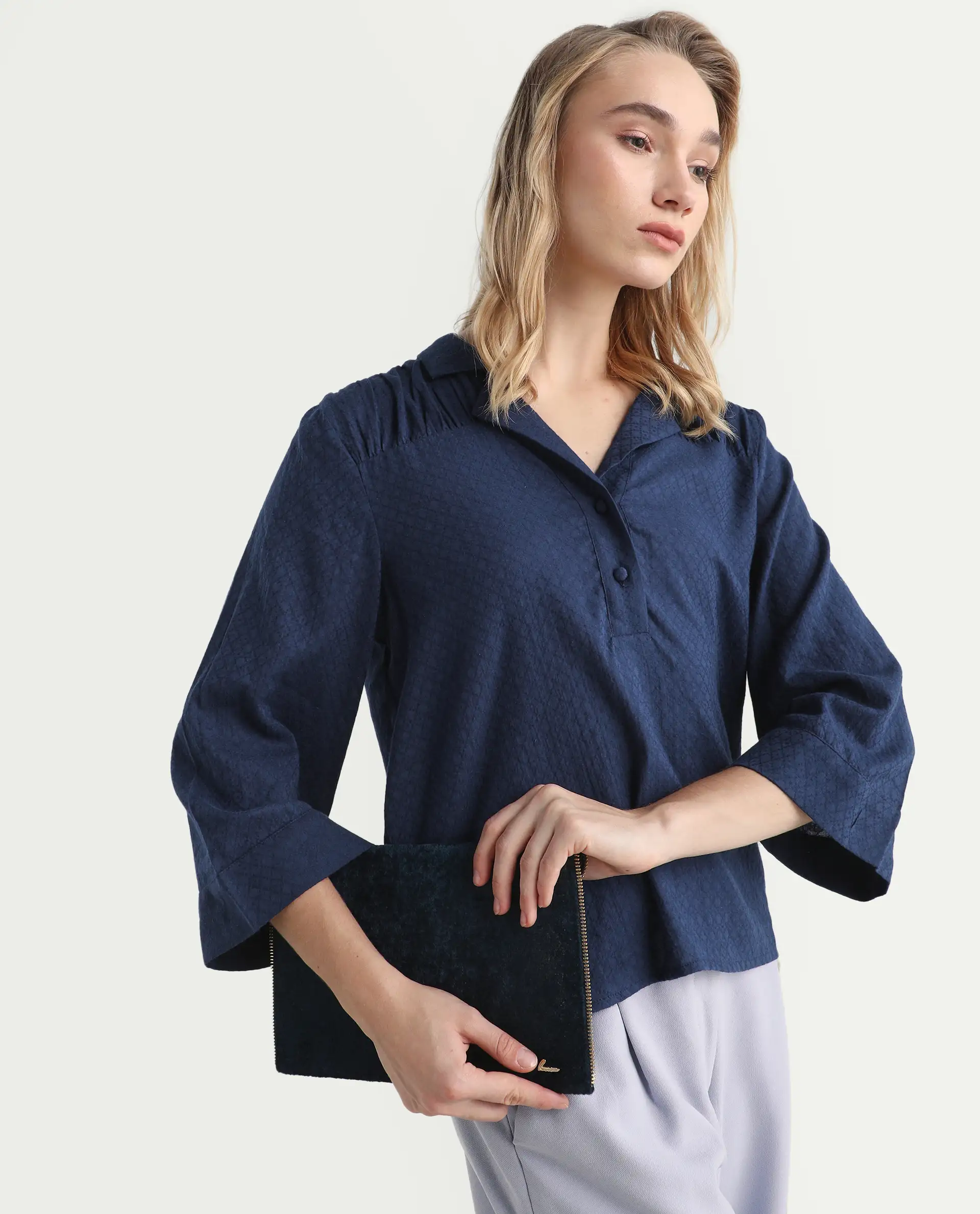 Rareism Women's Carrara Dark Blue Cotton Blend Lapel Neck Plain Regular Fit Top - Image 3