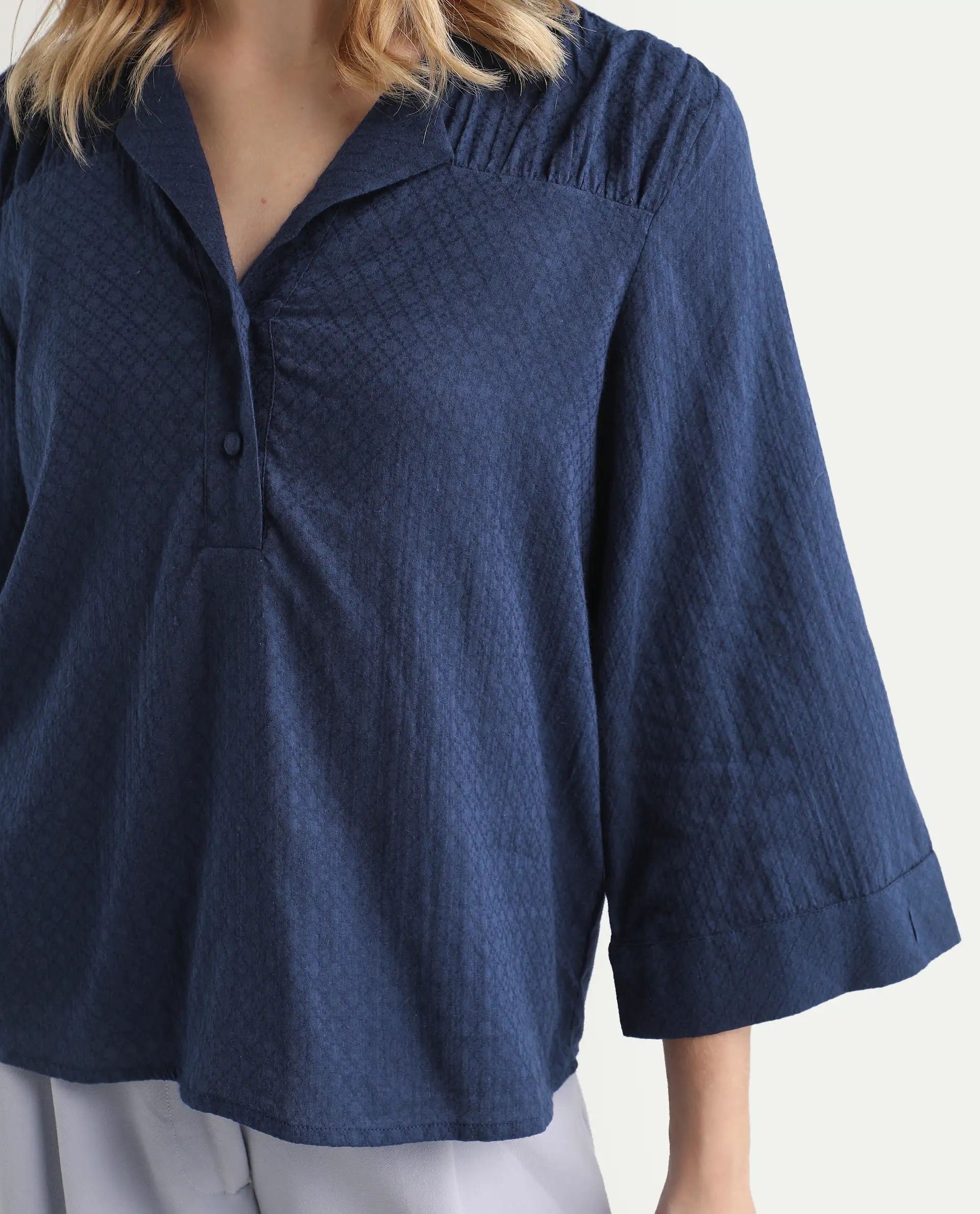 Rareism Women's Carrara Dark Blue Cotton Blend Lapel Neck Plain Regular Fit Top - Image 4