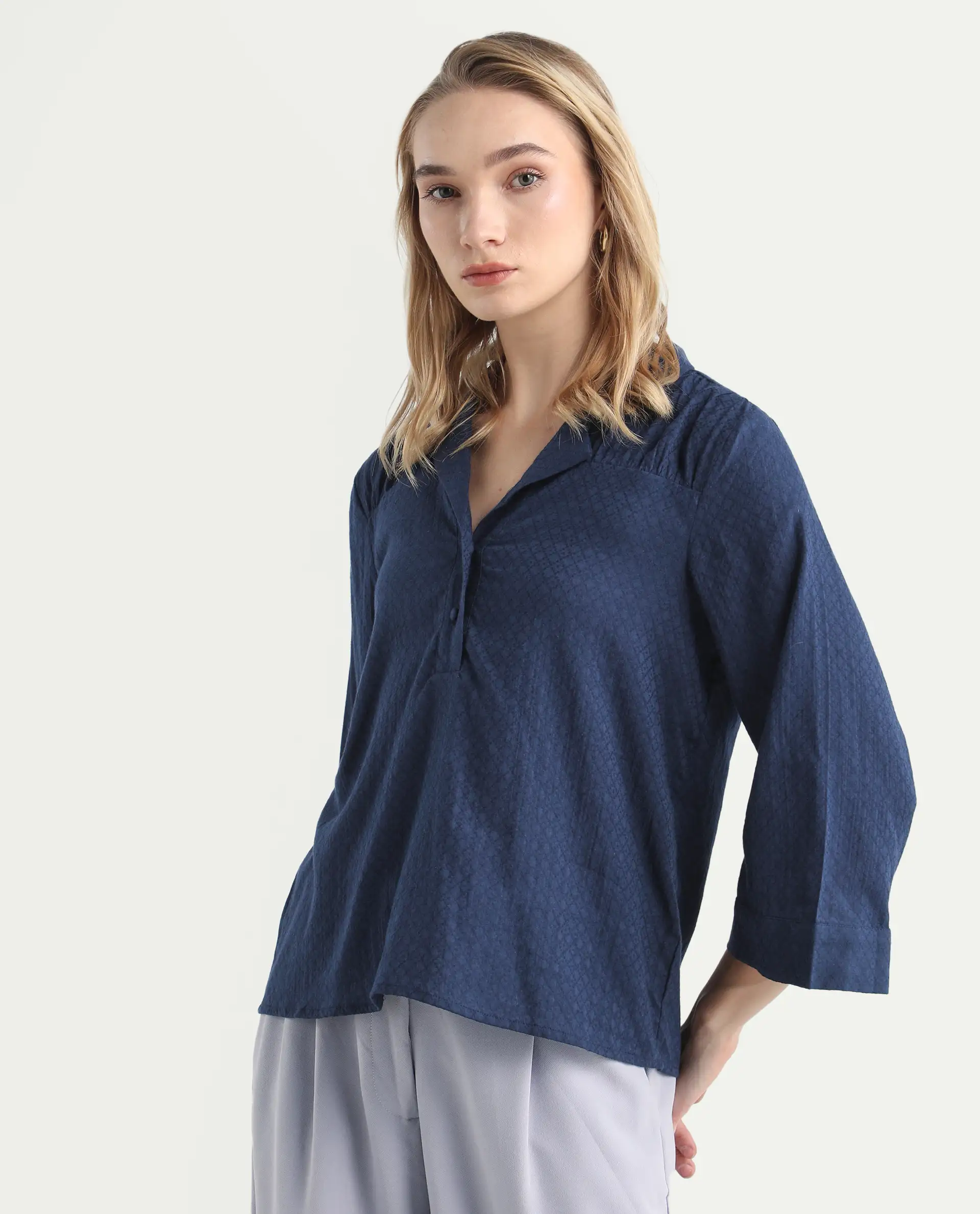 Rareism Women's Carrara Dark Blue Cotton Blend Lapel Neck Plain Regular Fit Top - Image 5