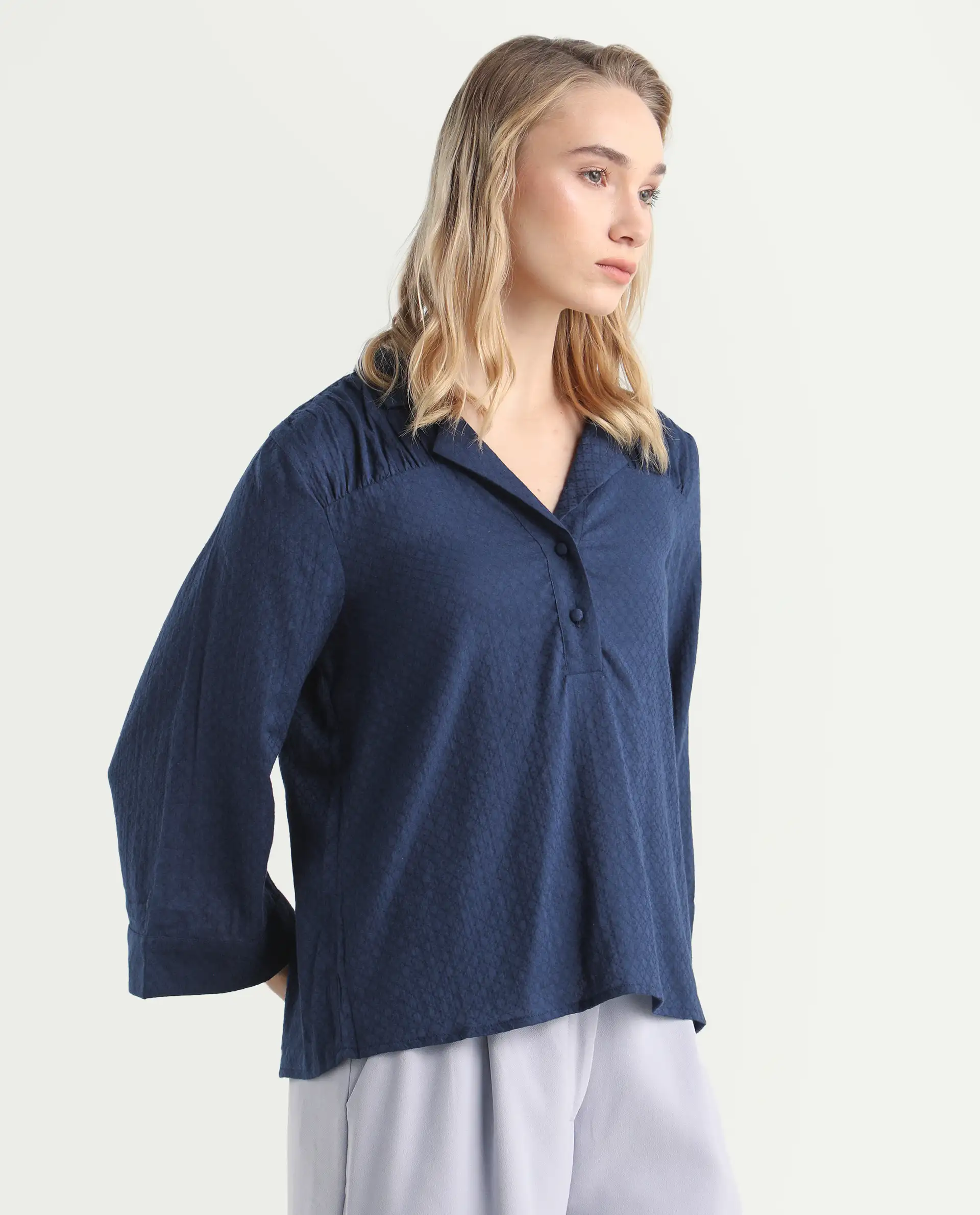 Rareism Women's Carrara Dark Blue Cotton Blend Lapel Neck Plain Regular Fit Top - Image 6