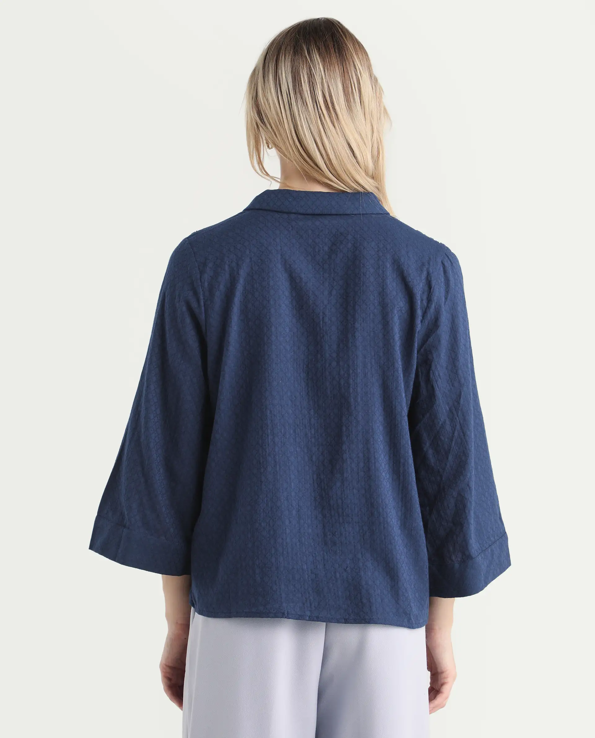 Rareism Women's Carrara Dark Blue Cotton Blend Lapel Neck Plain Regular Fit Top - Image 7