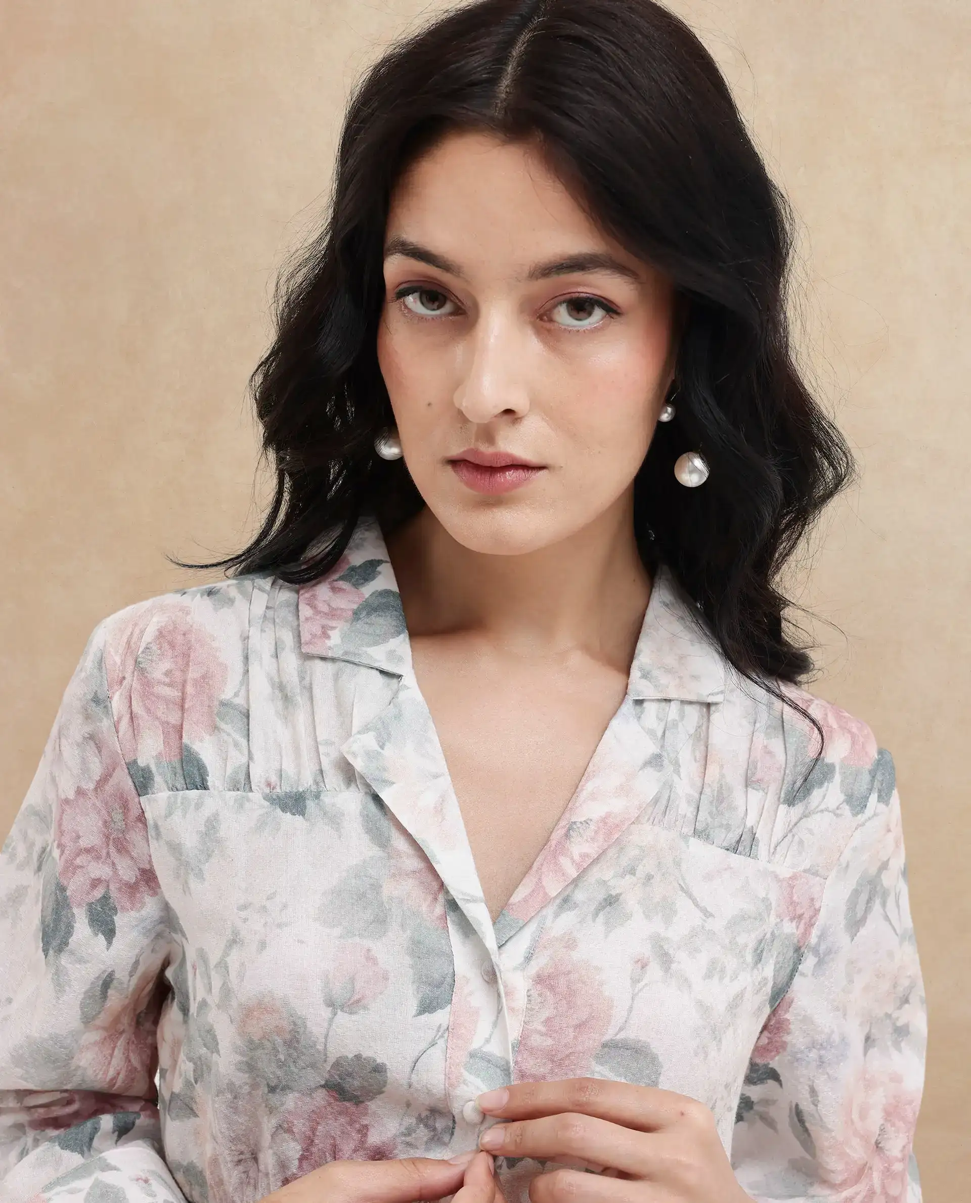 Rareism Women's Carrarao Light Multi Cotton Blend Lapel Neck Floral Print Regular Fit Top - Image 3