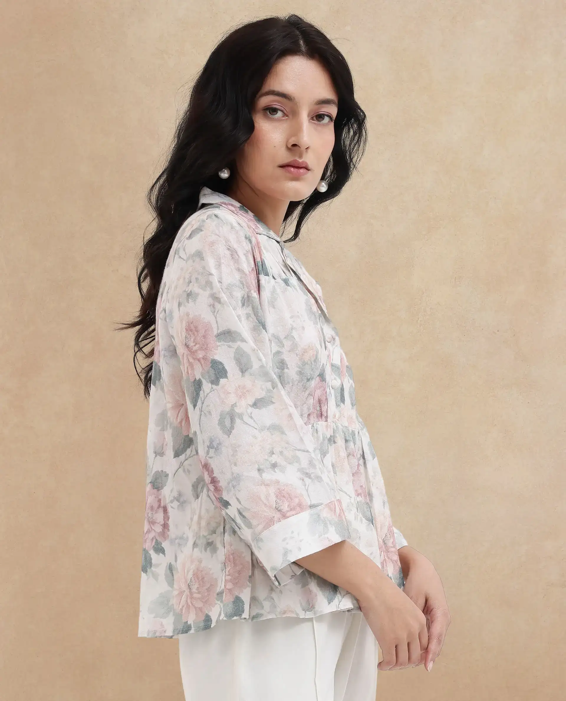 Rareism Women's Carrarao Light Multi Cotton Blend Lapel Neck Floral Print Regular Fit Top - Image 4