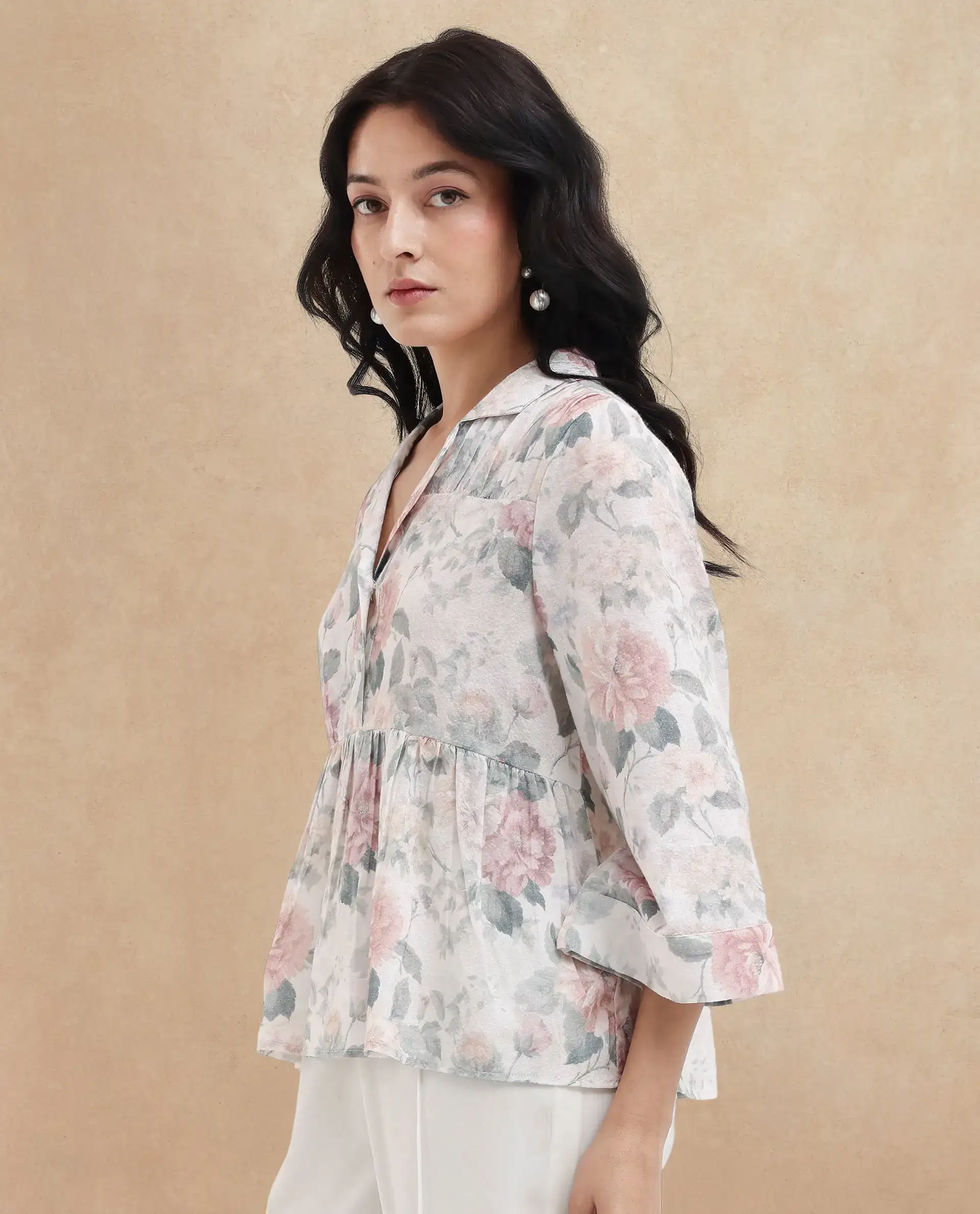 Rareism Women's Carrarao Light Multi Cotton Blend Lapel Neck Floral Print Regular Fit Top - Image 5