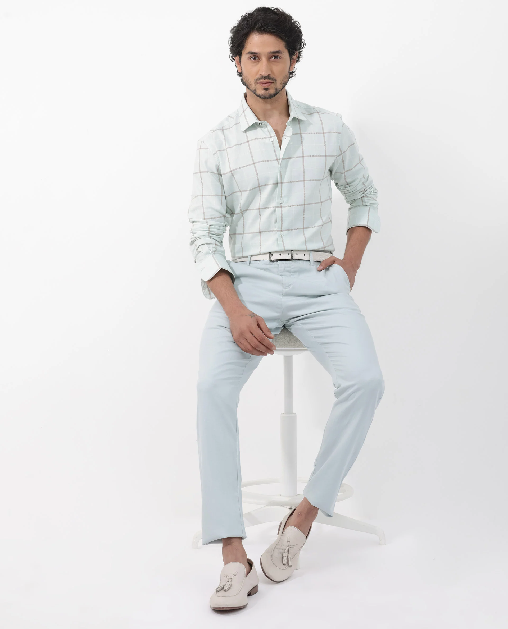 Rare Rabbit Men's Carrie Pastel Blue Cotton Checked Print Regular Fit Full Sleeve Collared Shirt - Image 2