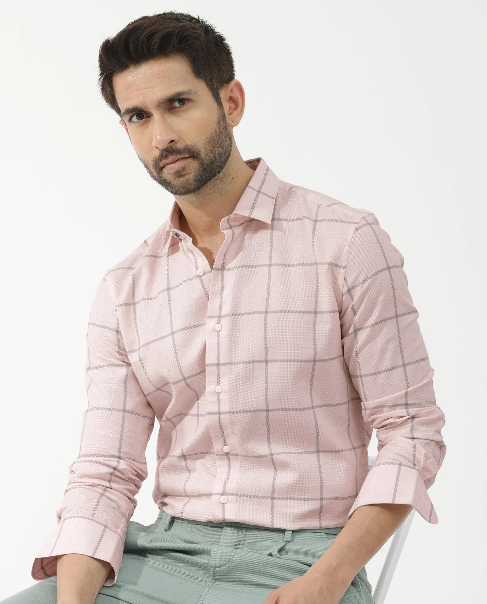 Rare Rabbit Men's Carrie Pastel Pink Cotton Checked Print Regular Fit Full Sleeve Collared Shirt
