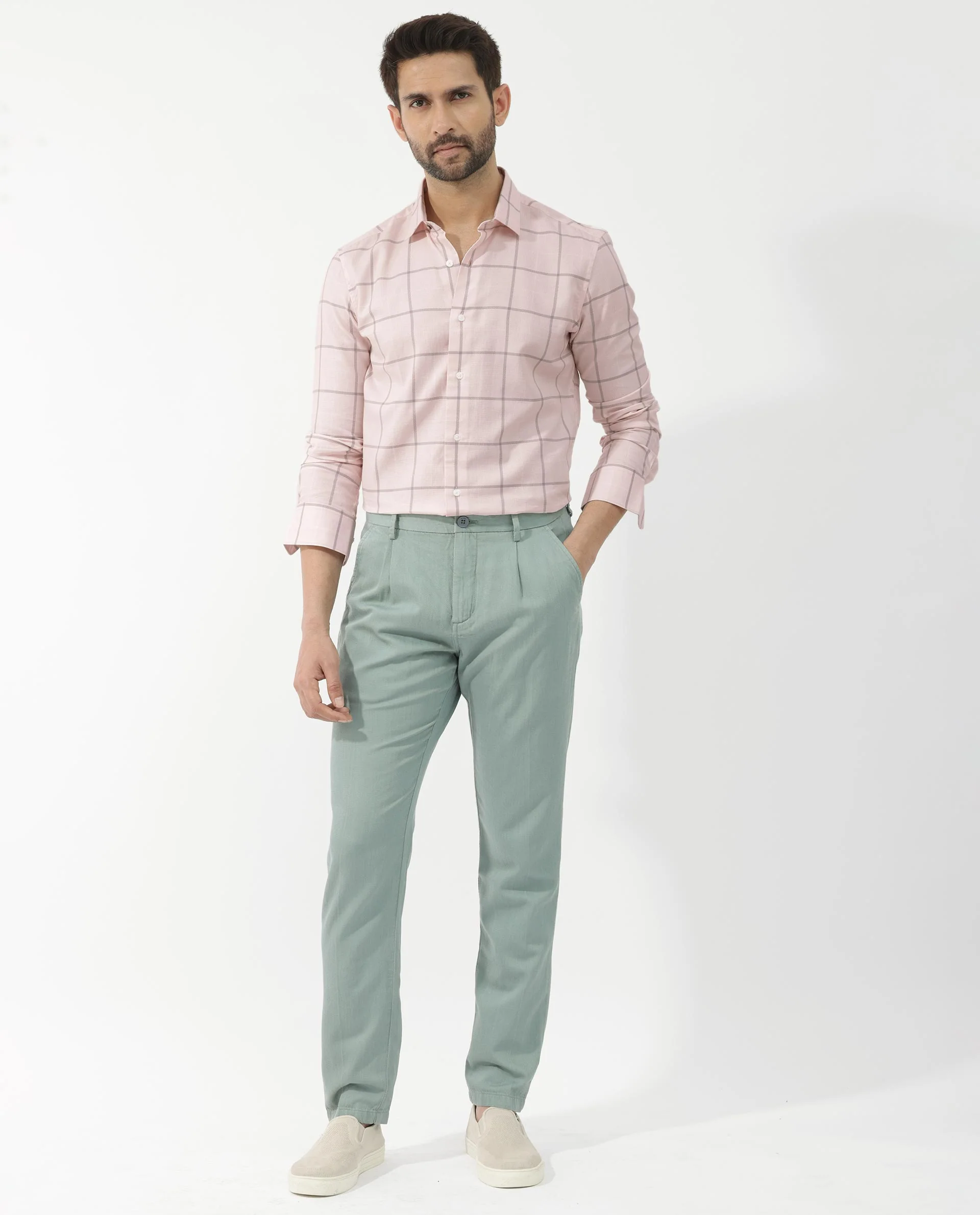 Rare Rabbit Men's Carrie Pastel Pink Cotton Checked Print Regular Fit Full Sleeve Collared Shirt - Image 2