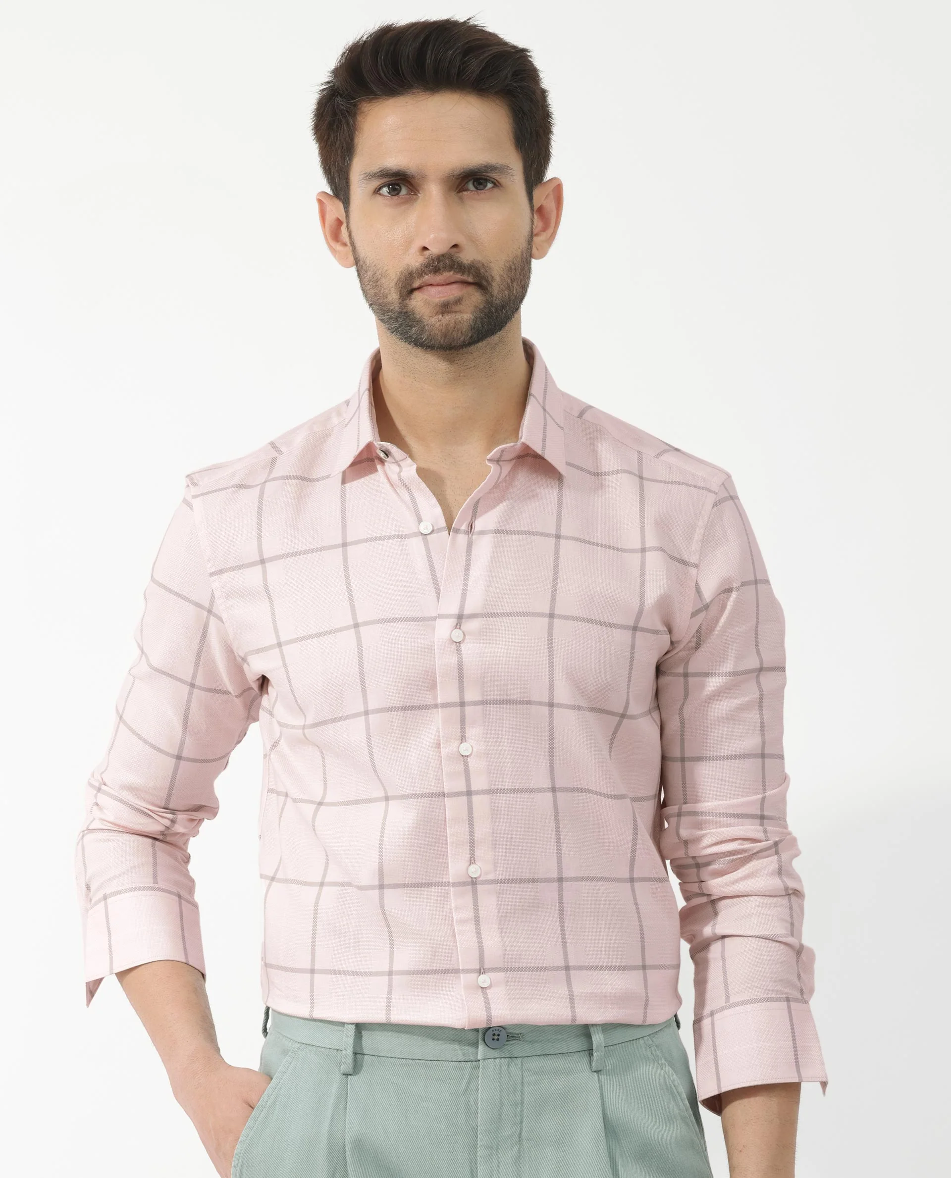 Rare Rabbit Men's Carrie Pastel Pink Cotton Checked Print Regular Fit Full Sleeve Collared Shirt - Image 3