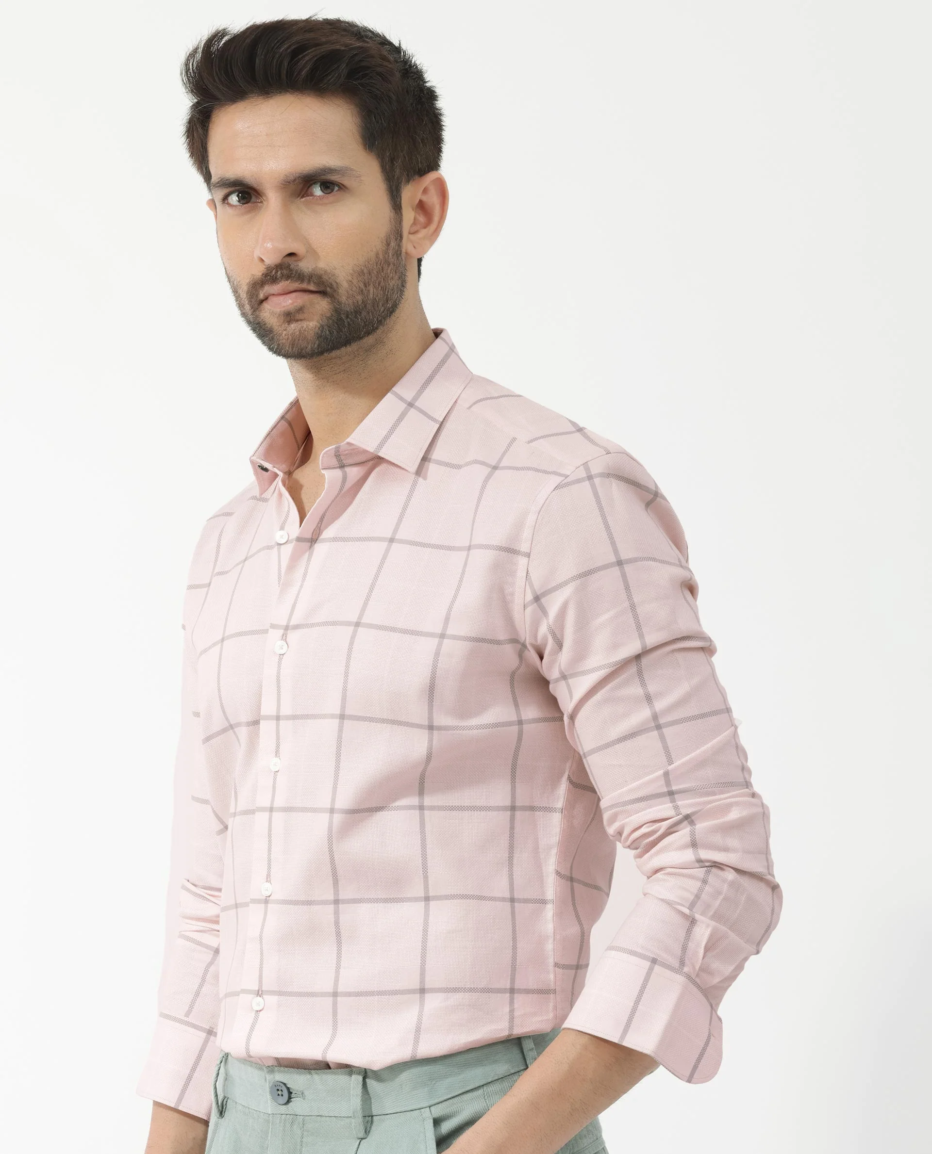 Rare Rabbit Men's Carrie Pastel Pink Cotton Checked Print Regular Fit Full Sleeve Collared Shirt - Image 7