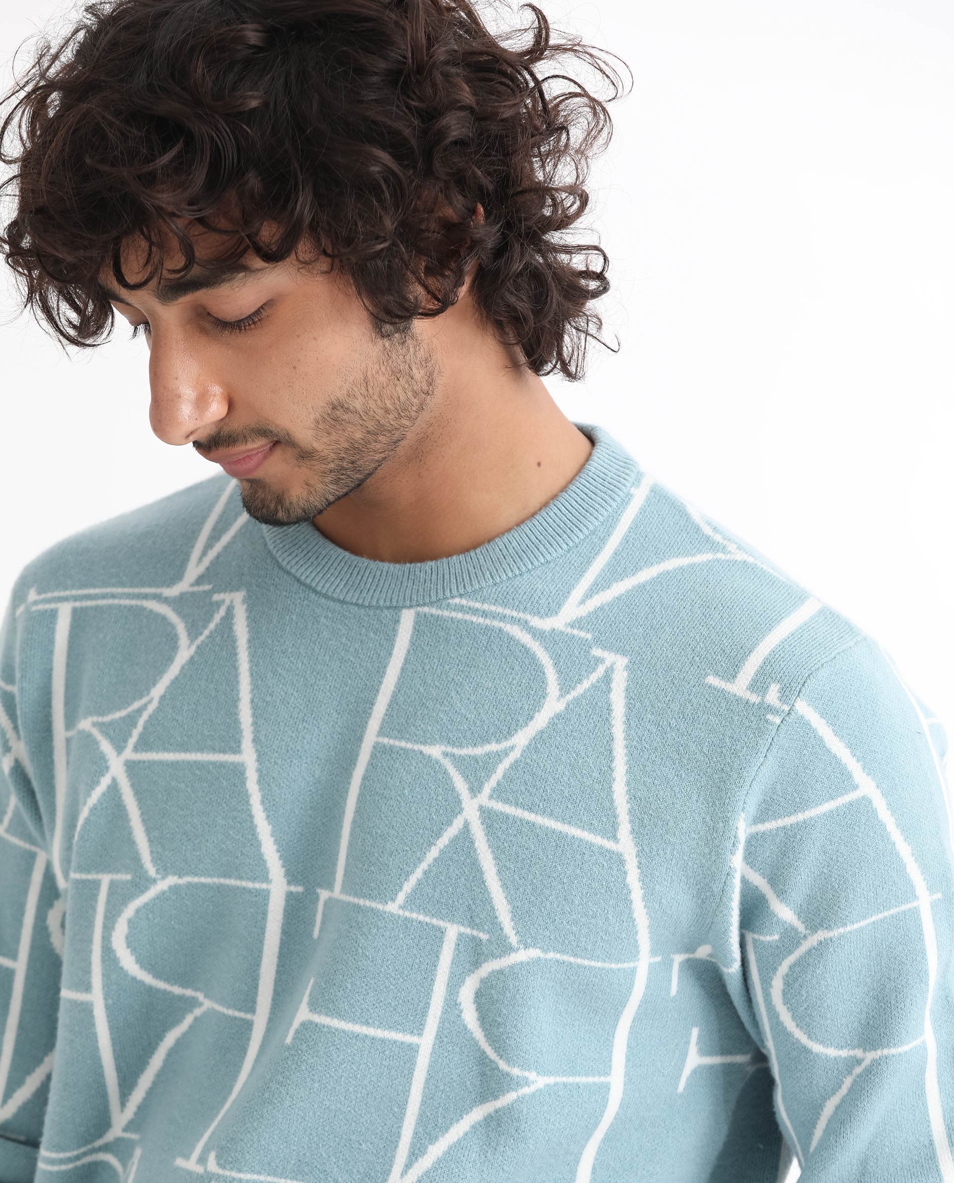 Rare Rabbit Men's Carrie Light Blue Viscose Monogram Print Relaxed Fit Full Sleeve Crew Neck Sweater