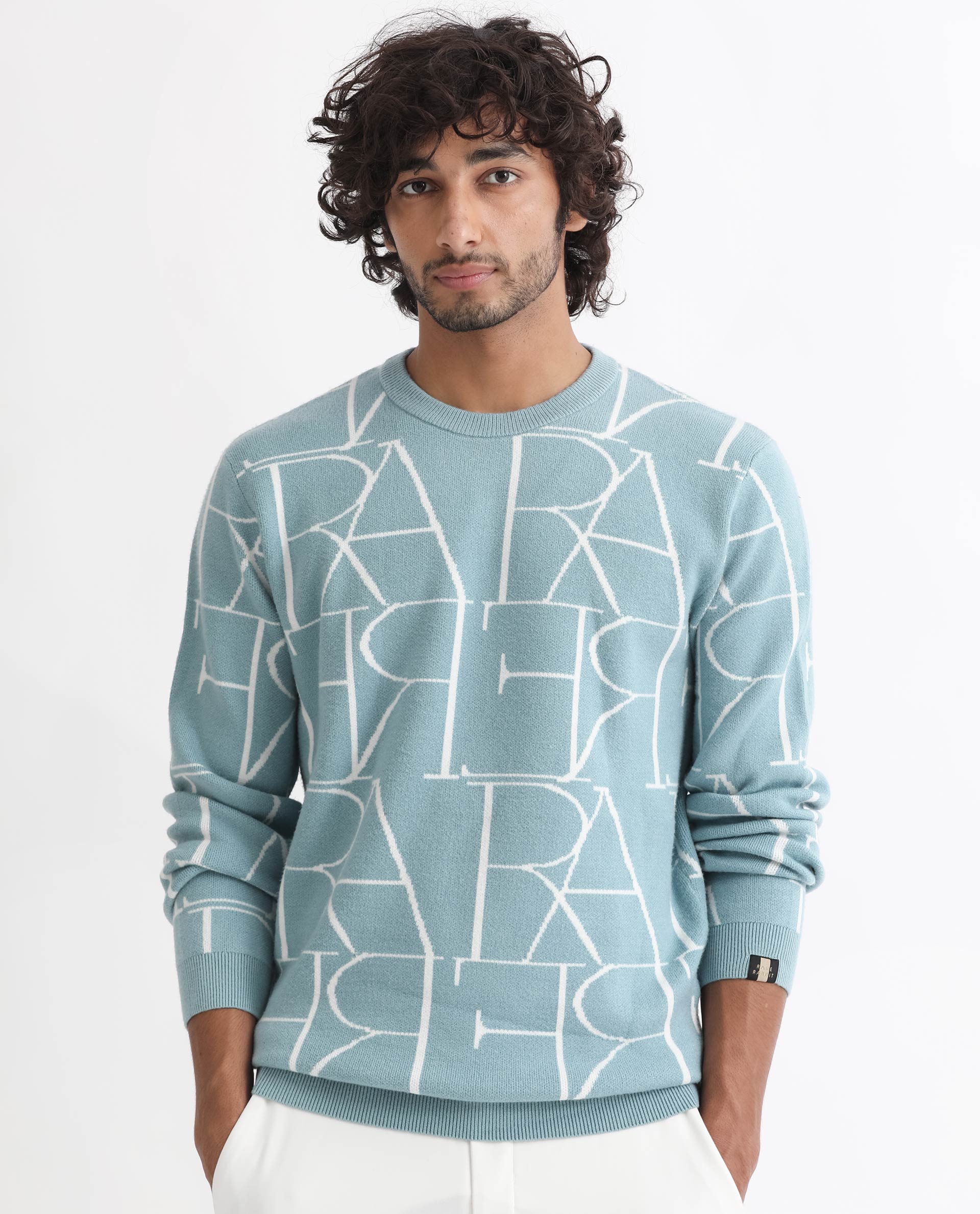 Rare Rabbit Men's Carrie Light Blue Viscose Monogram Print Relaxed Fit Full Sleeve Crew Neck Sweater - Image 2