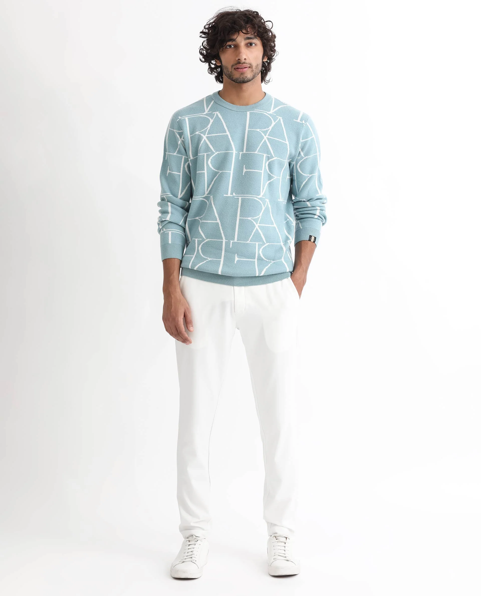 Rare Rabbit Men's Carrie Light Blue Viscose Monogram Print Relaxed Fit Full Sleeve Crew Neck Sweater - Image 3
