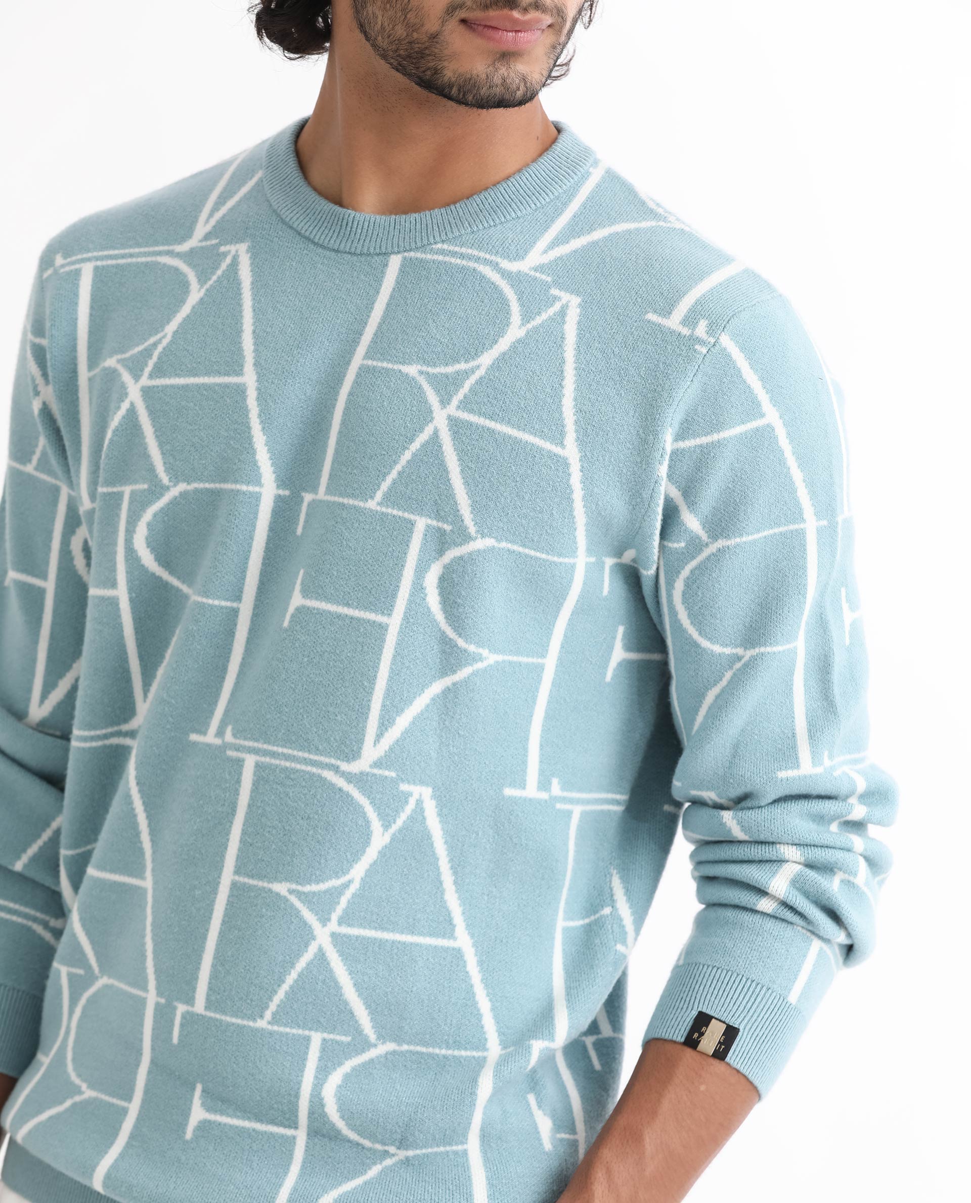 Rare Rabbit Men's Carrie Light Blue Viscose Monogram Print Relaxed Fit Full Sleeve Crew Neck Sweater - Image 4