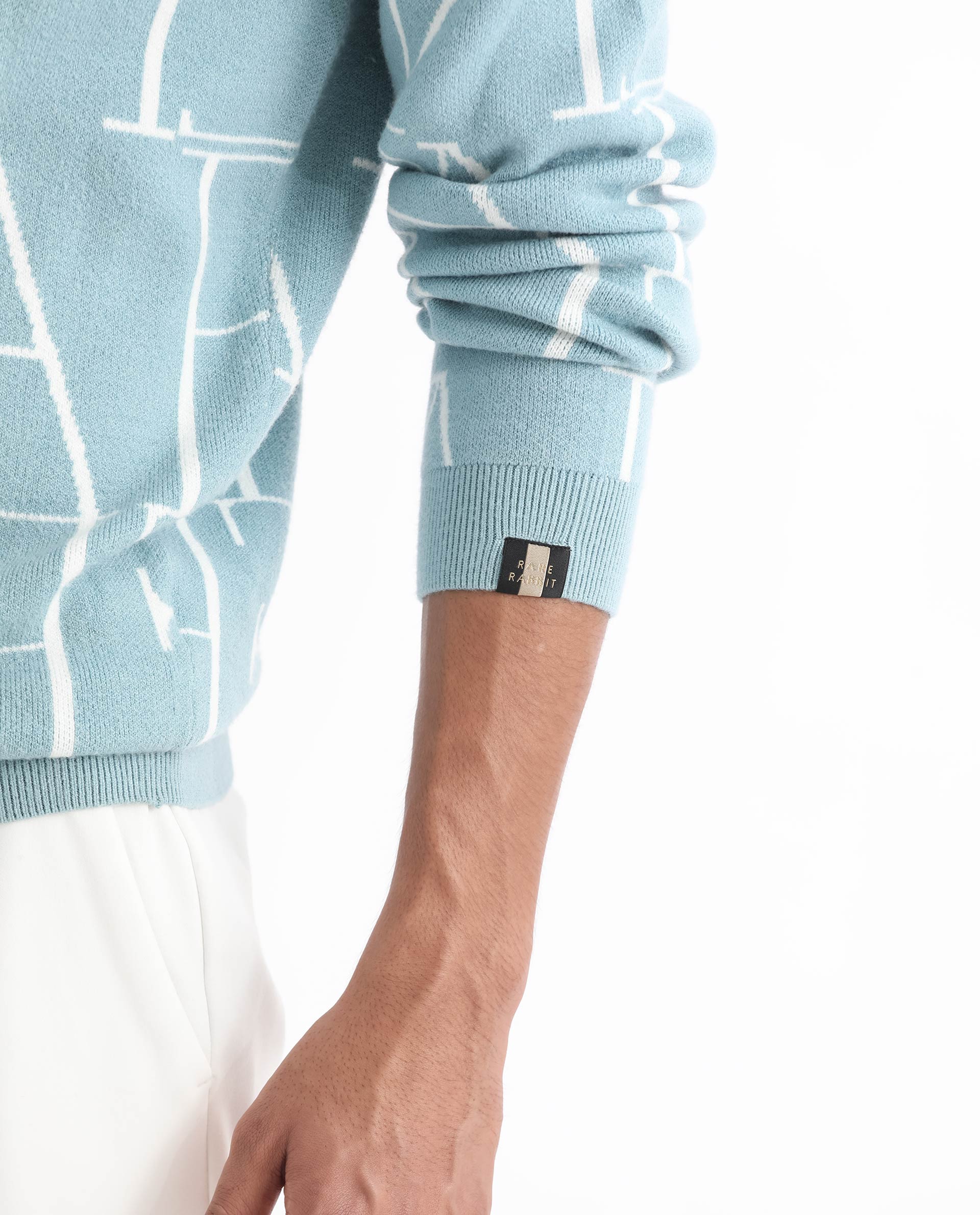 Rare Rabbit Men's Carrie Light Blue Viscose Monogram Print Relaxed Fit Full Sleeve Crew Neck Sweater - Image 5