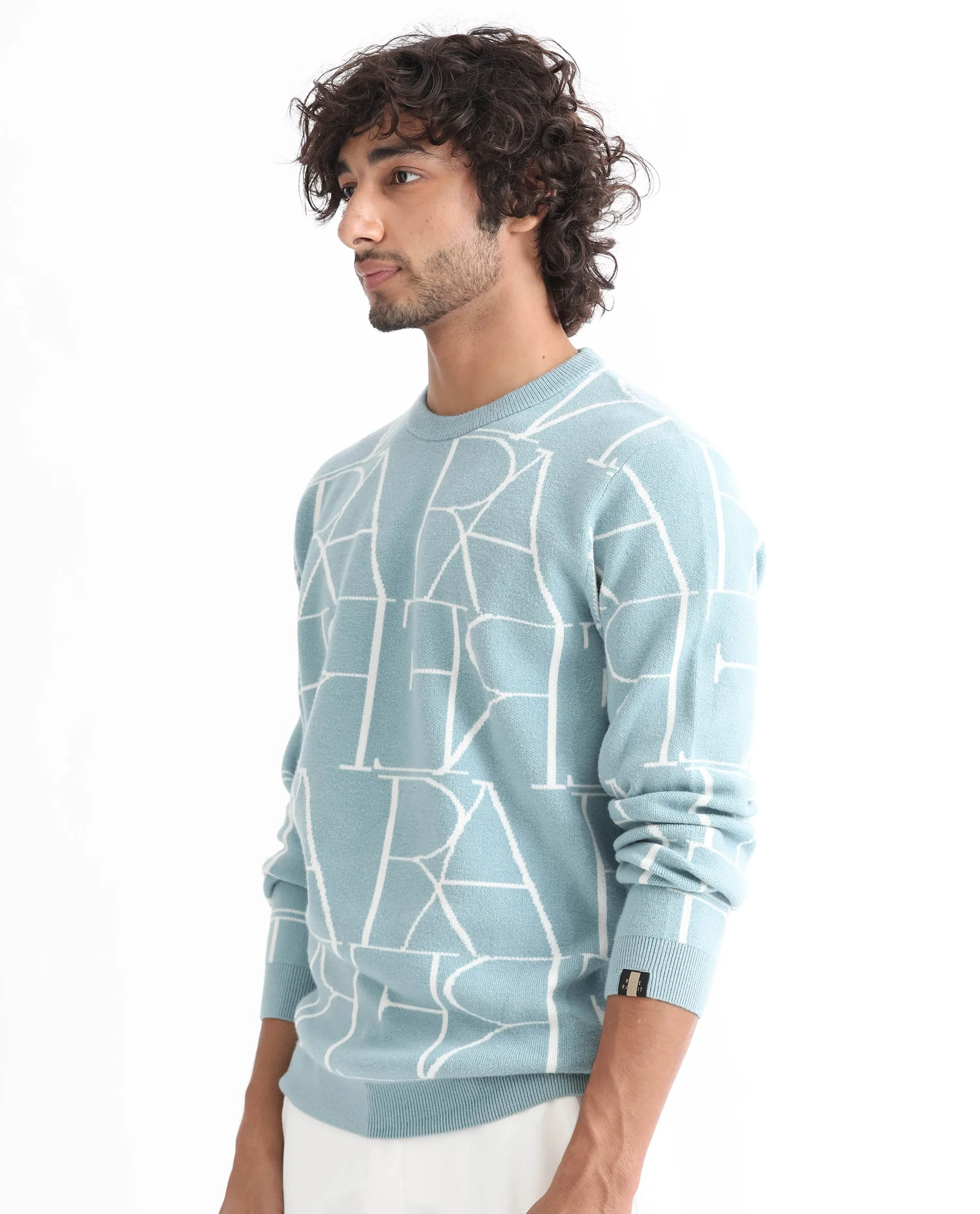 Rare Rabbit Men's Carrie Light Blue Viscose Monogram Print Relaxed Fit Full Sleeve Crew Neck Sweater - Image 6