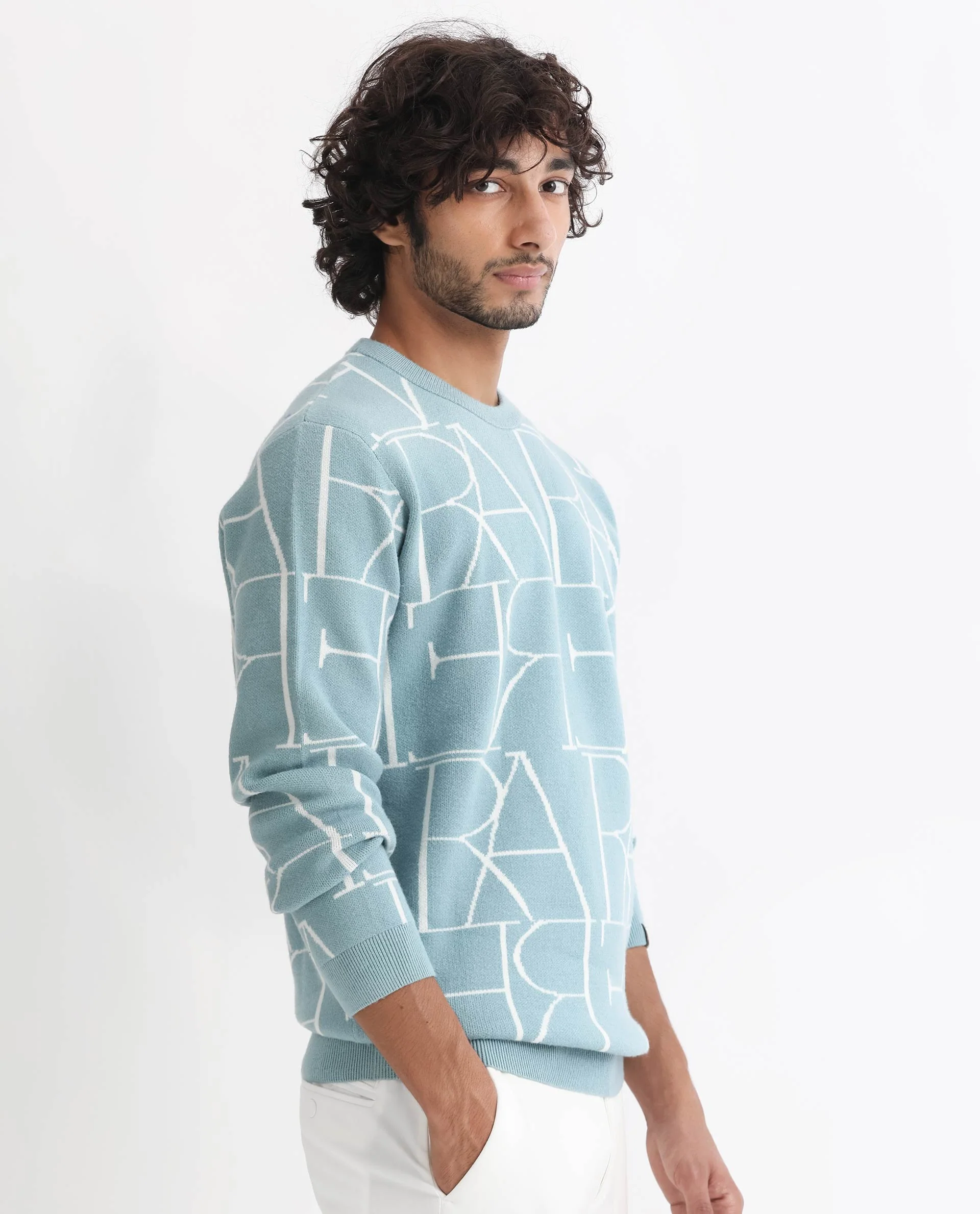 Rare Rabbit Men's Carrie Light Blue Viscose Monogram Print Relaxed Fit Full Sleeve Crew Neck Sweater - Image 7