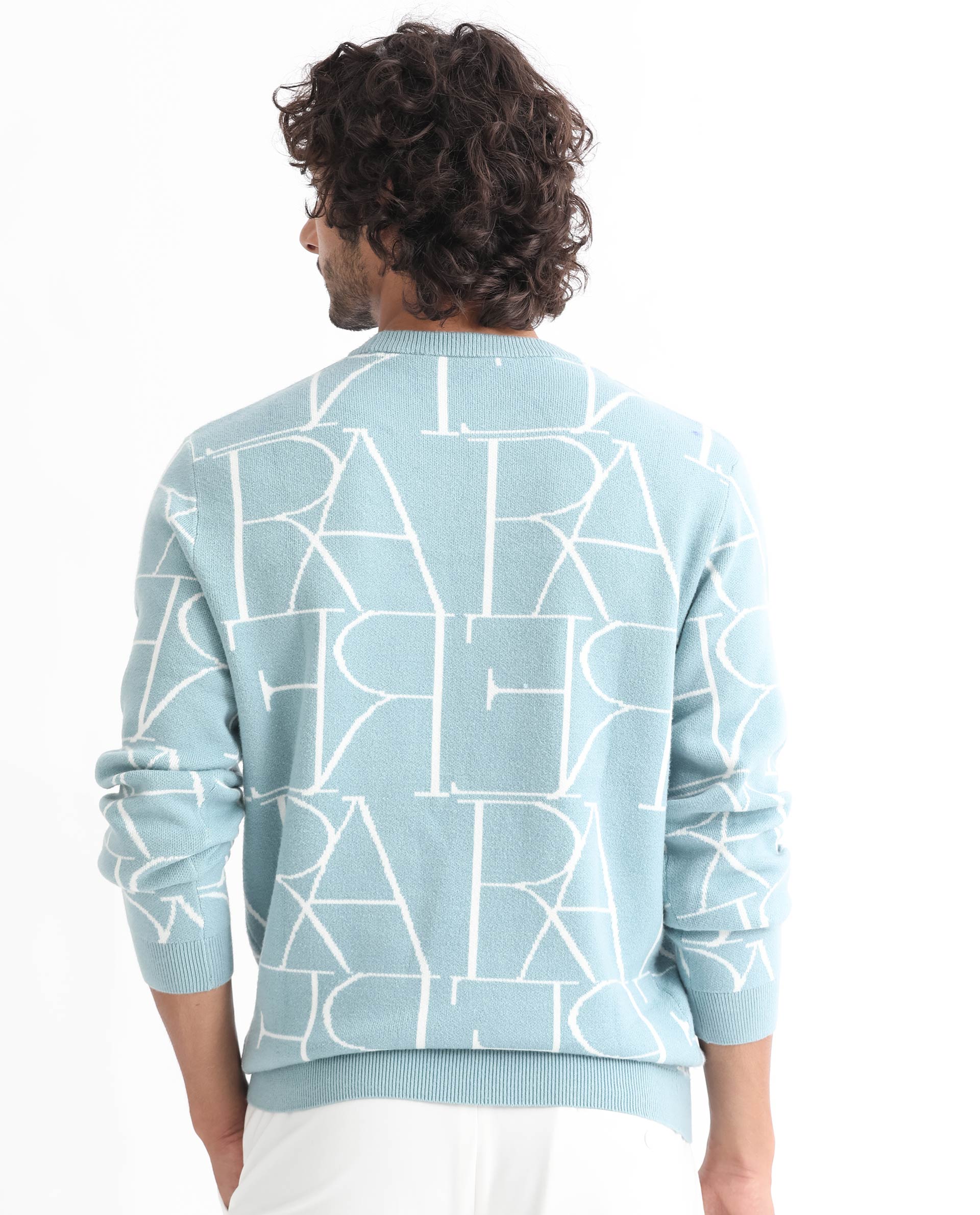 Rare Rabbit Men's Carrie Light Blue Viscose Monogram Print Relaxed Fit Full Sleeve Crew Neck Sweater - Image 8